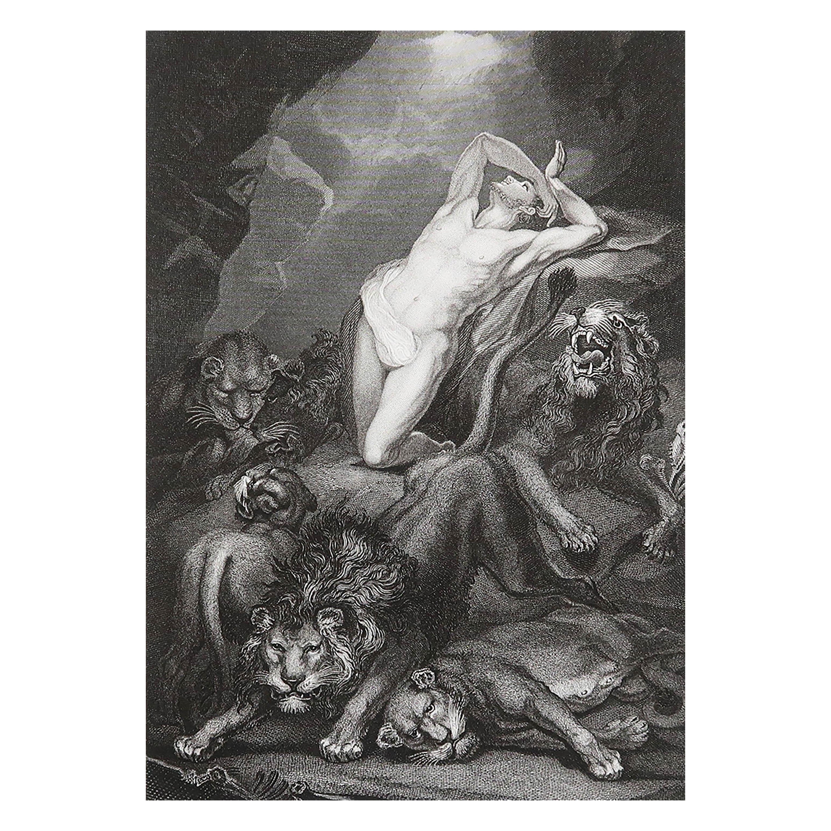 Gravure ancienne originale de James Daniell dans la fosse aux lions d
après A James Northcote . C.1850 en vente