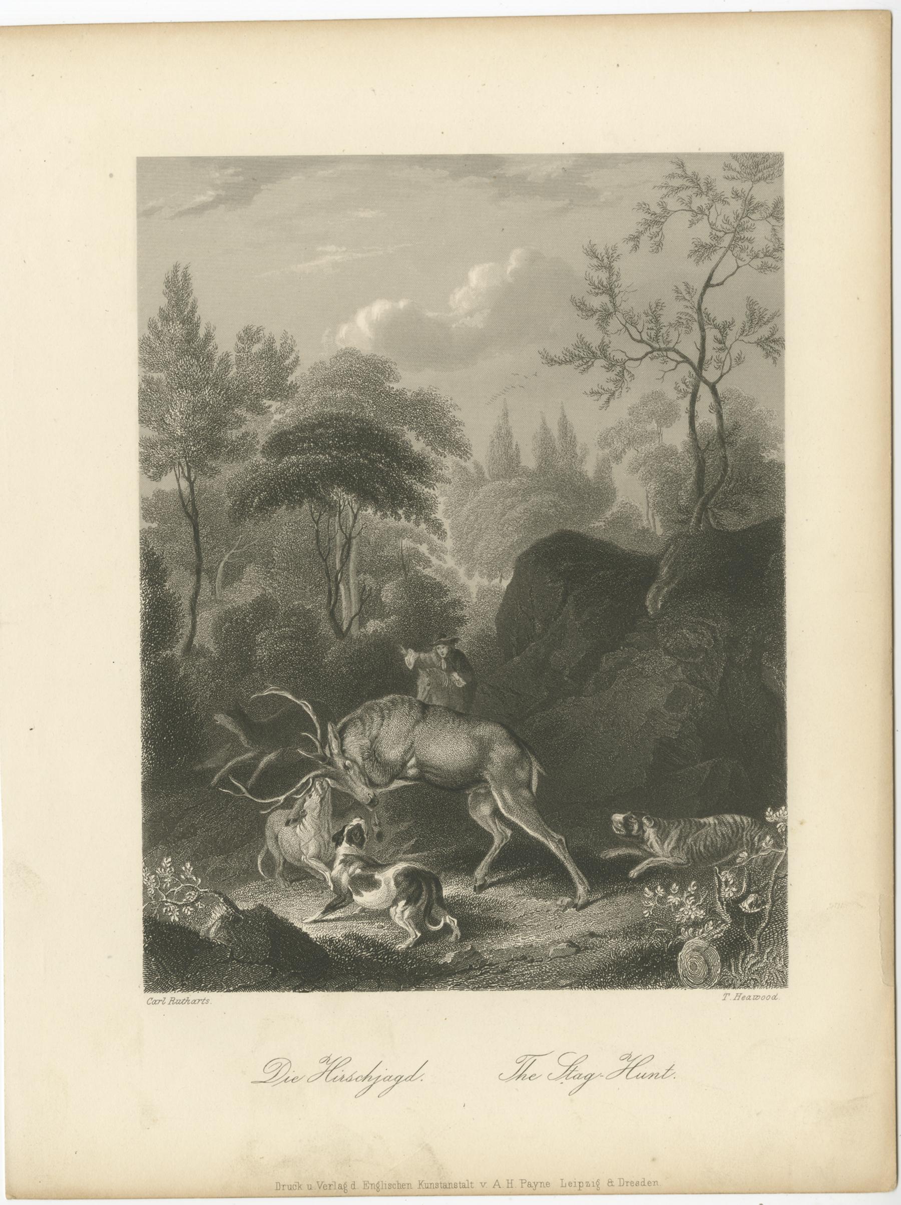 Antique print titled 'Die Hirschjagd - The Stag-Hunt'. Original engraving of deer hunting. Lithographed by T. Heawood after Carl Rutharts. Published by A.H. Payne, circa 1850.