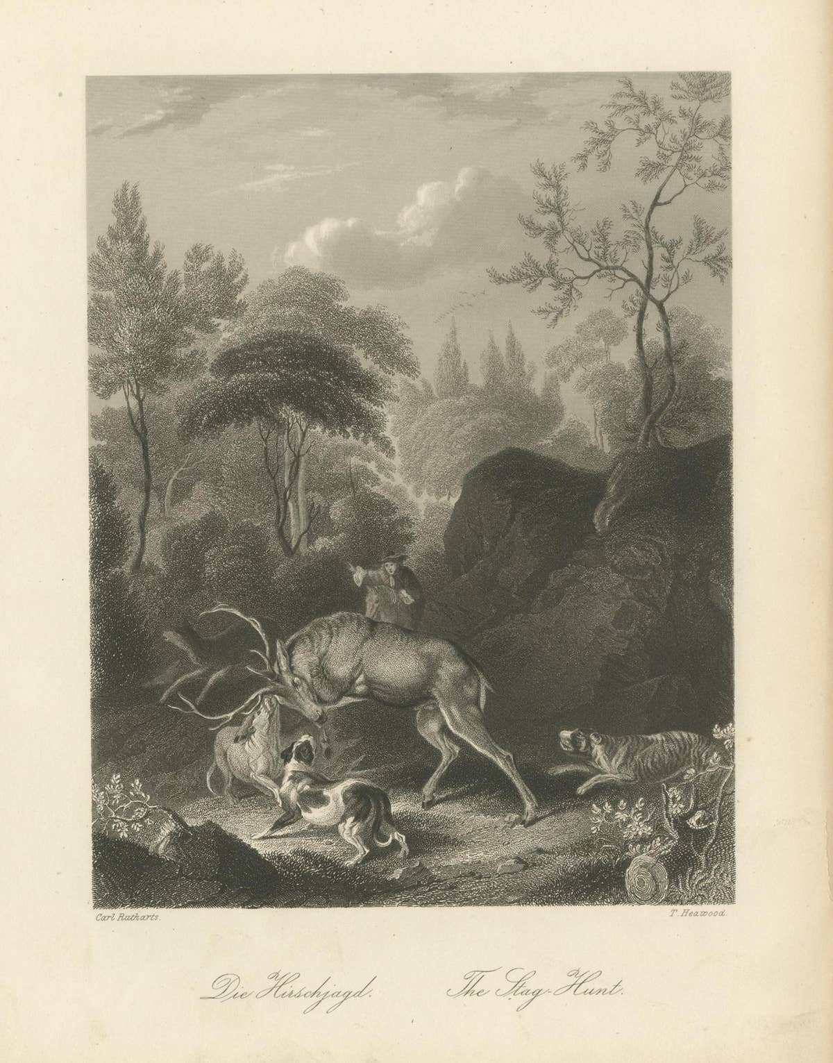 Original Antique Print of Deer Hunting