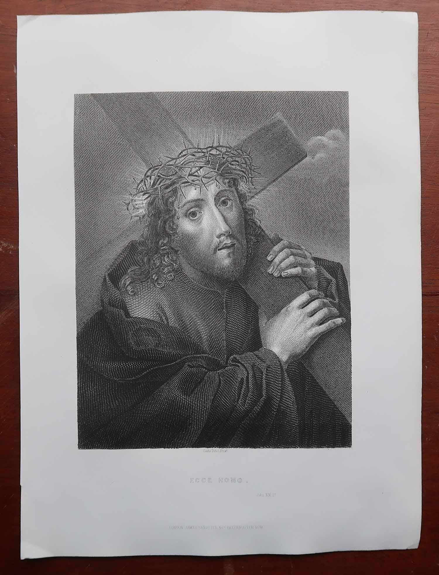 Renaissance Impression ancienne originale d' Ecce Homo d'après Carlo Dolci. C.1850 en vente