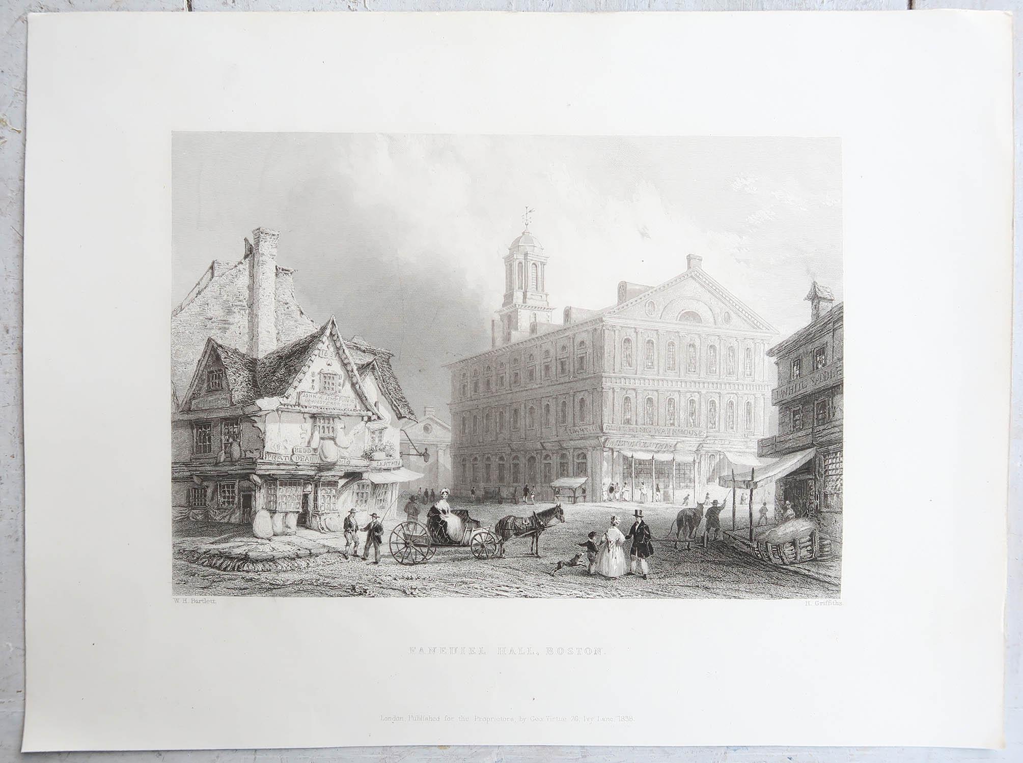 Autre Impression ancienne originale de Faneuil Hall, Boston. Daté de 1838 en vente