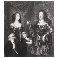 Original Antique Print of Ferdinand Medici And Consort After Velasquez. C.1850