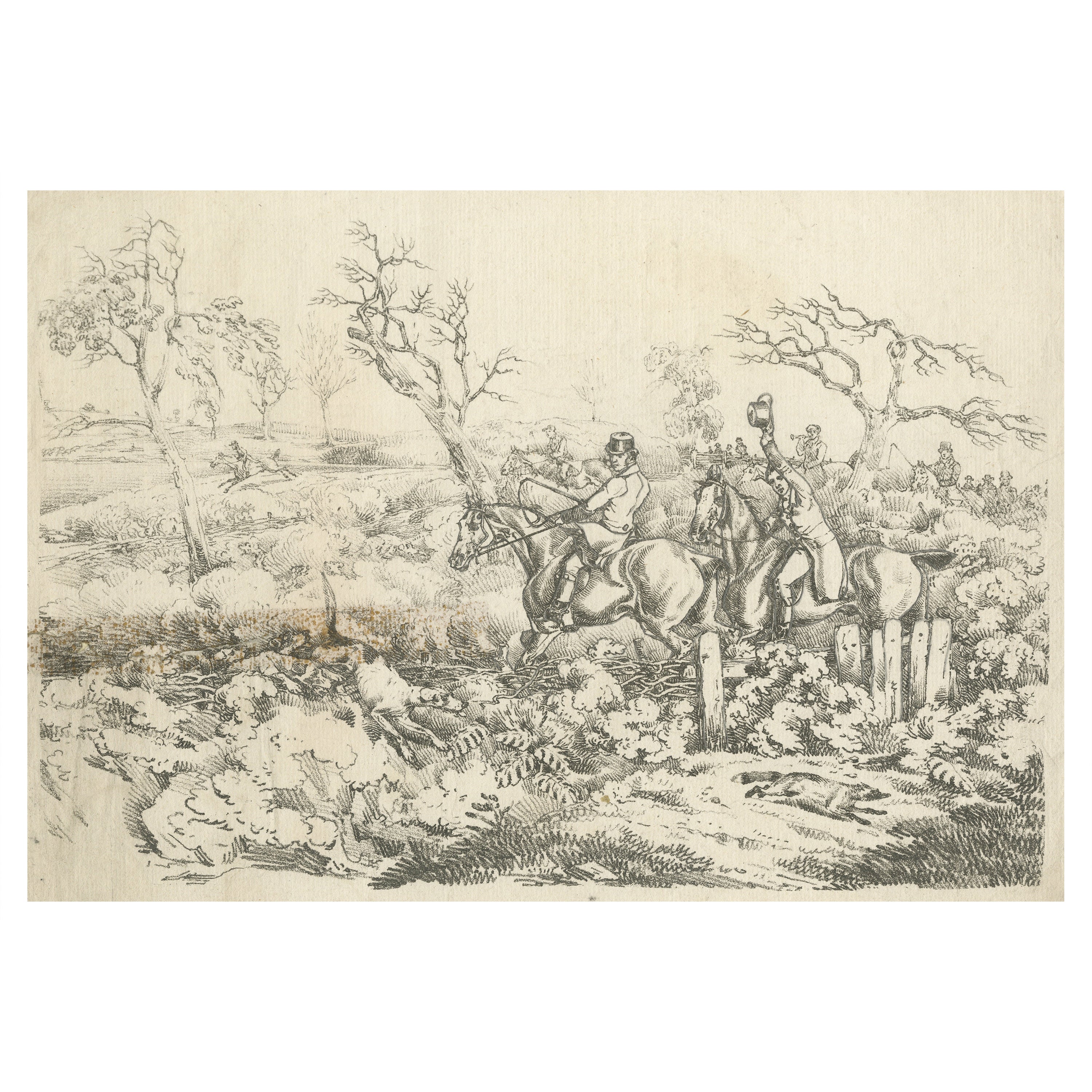 Original Antique Print of Fox Hunting in England