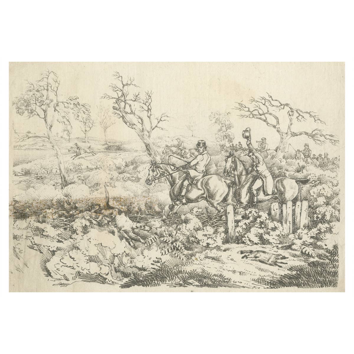 Original Antique Print of Fox Hunting in England, 1817
