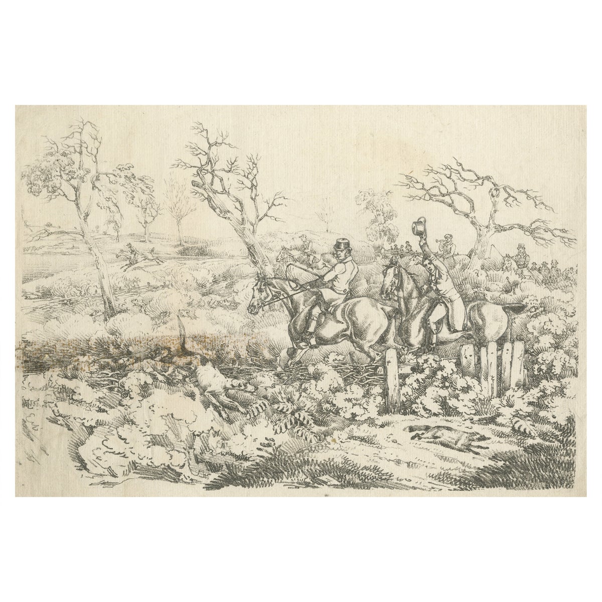 Original Antique Print of Fox Hunting in England, 1817