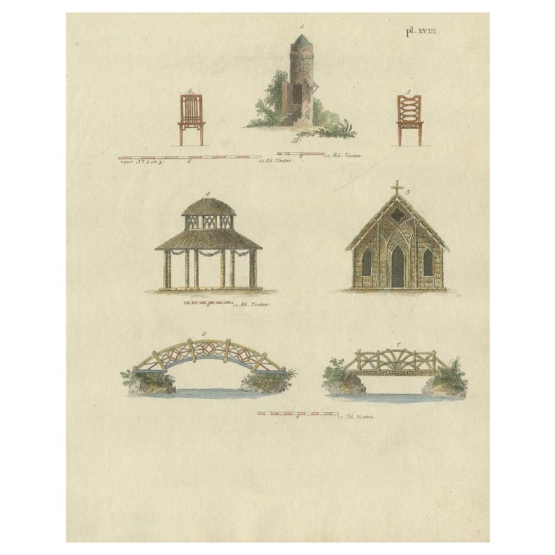 Impression ancienne originale de l'architecture de jardin par Van Laar, 1802