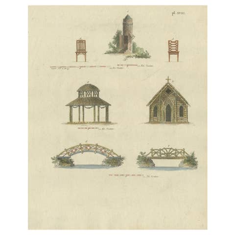 Original Antique Print of Garden Architecture by Van Laar, 1802
