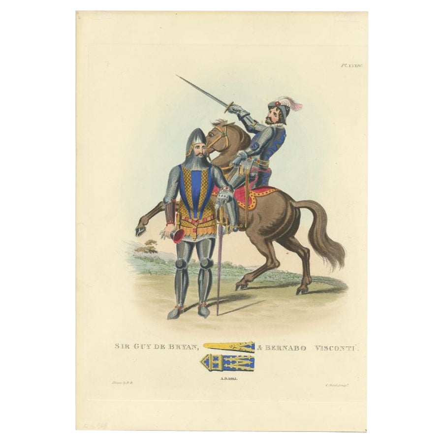 Grabado original antiguo de Guy de Bryan y Bernabò Visconti, 1842 en venta