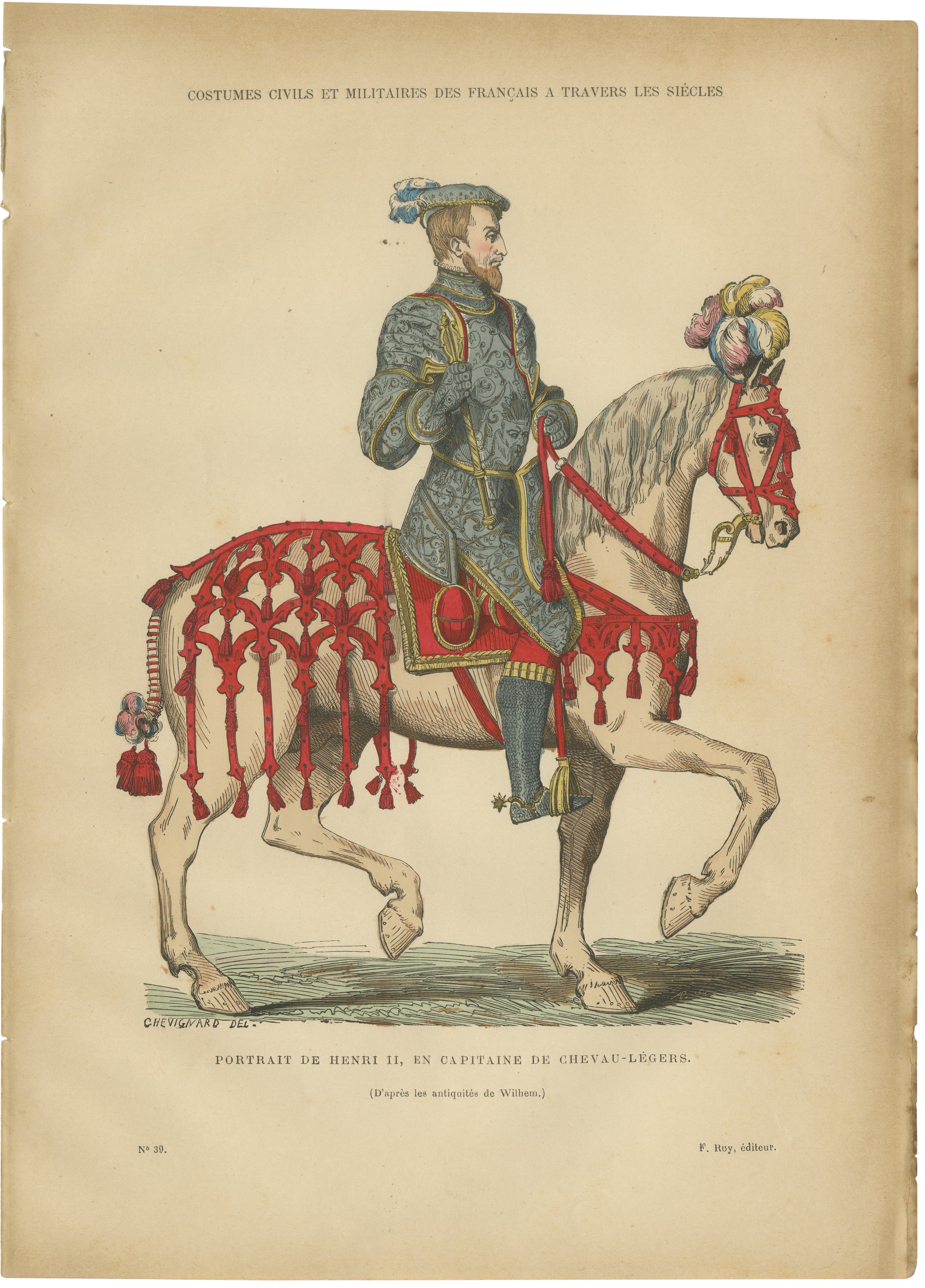 Original Antique Print of Henri II, Captain of the Chevau-légers, c.1860