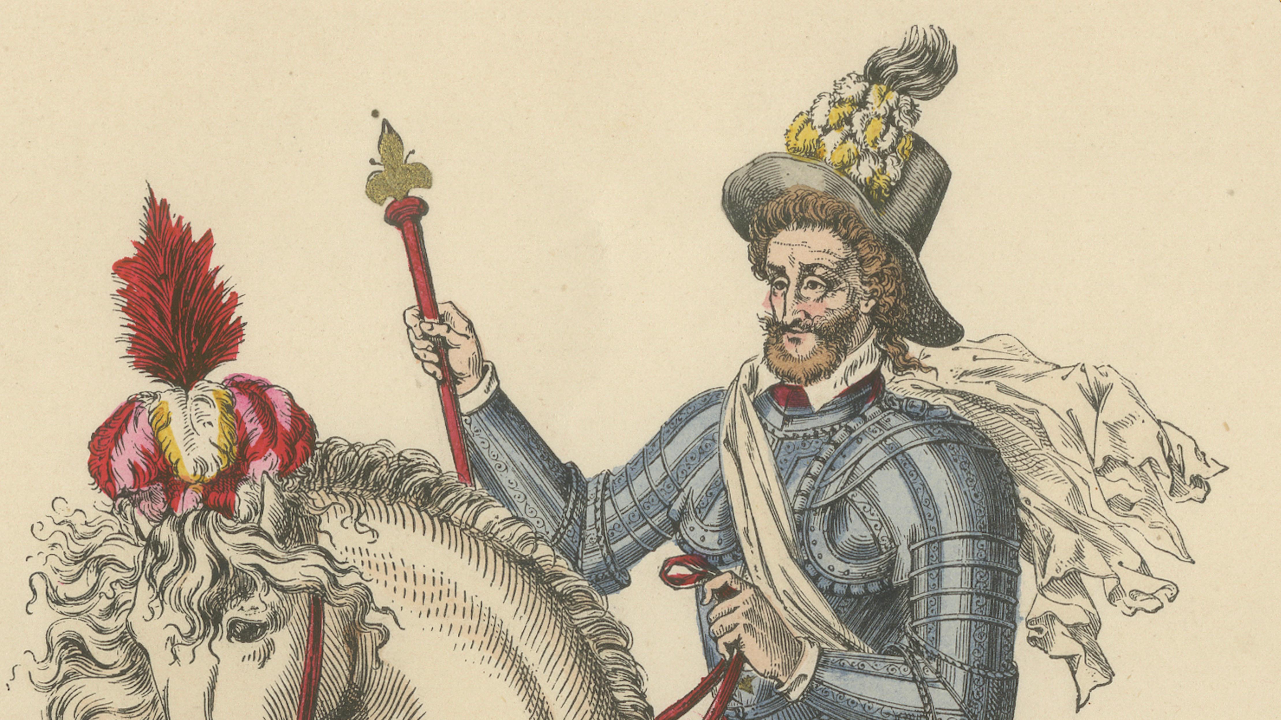 Original Antique Print of Henri IV Equestrian Portrait by F. Roy, circa 1860