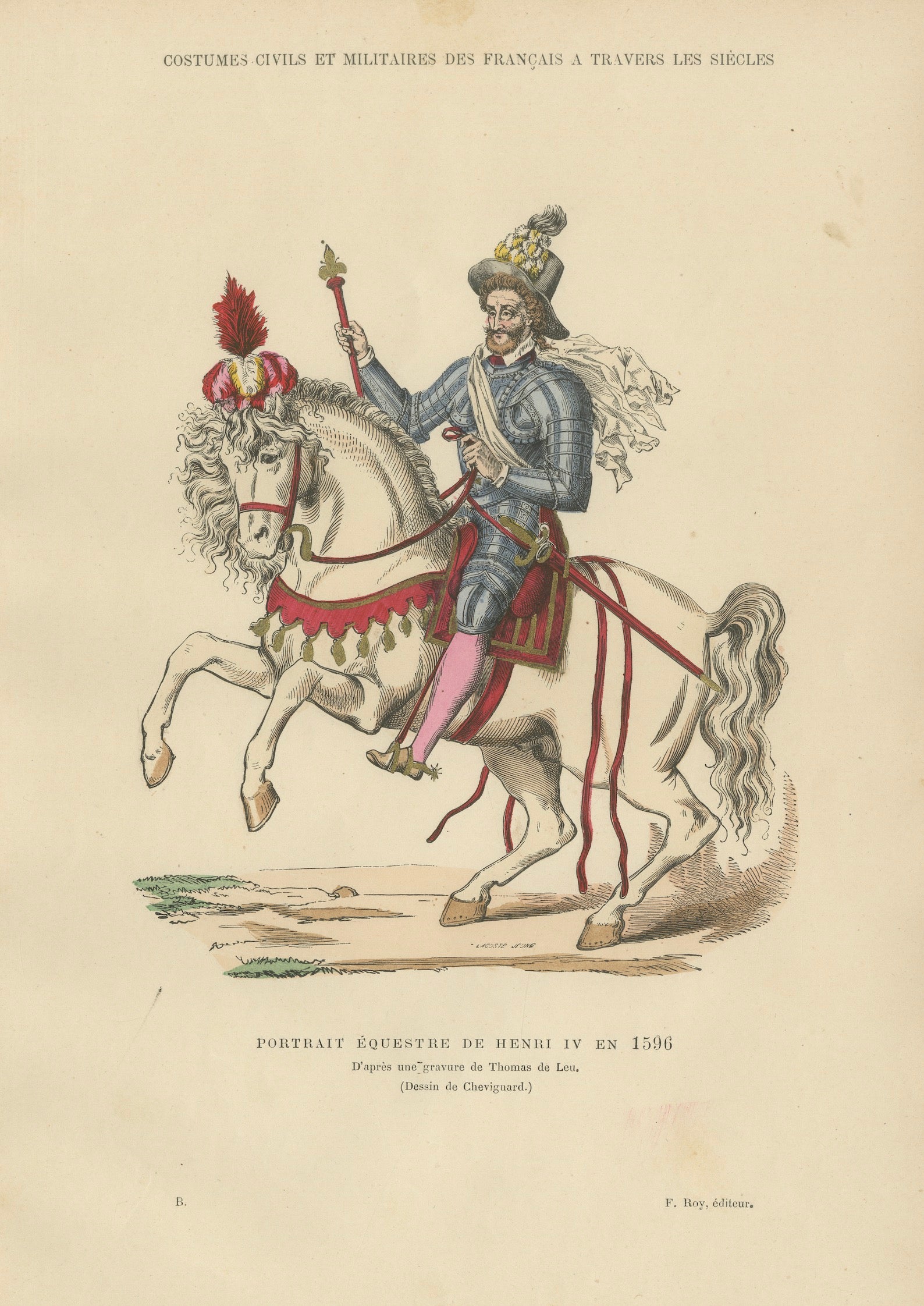 Original Antique Print of Henri IV Equestrian Portrait by F. Roy, circa 1860