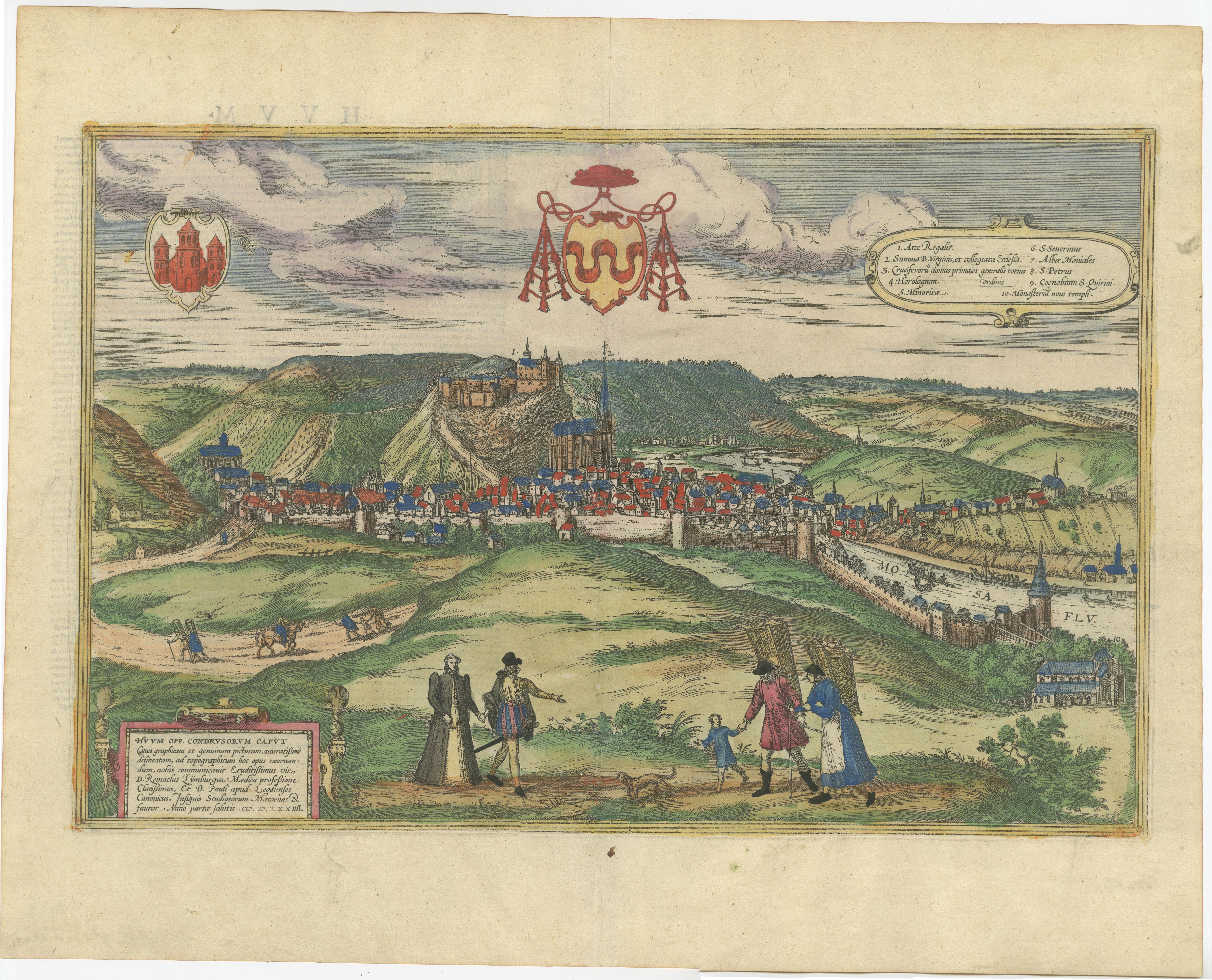 Antique print titled 'Huum Opp. Condrusorum Caput (..)'. Attractive bird’s eye view of Huy in present day Belgium. The view shows the city from the northeast. Huy, a municipality of Belgium, lies on the River Meuse in the province of Liege. The