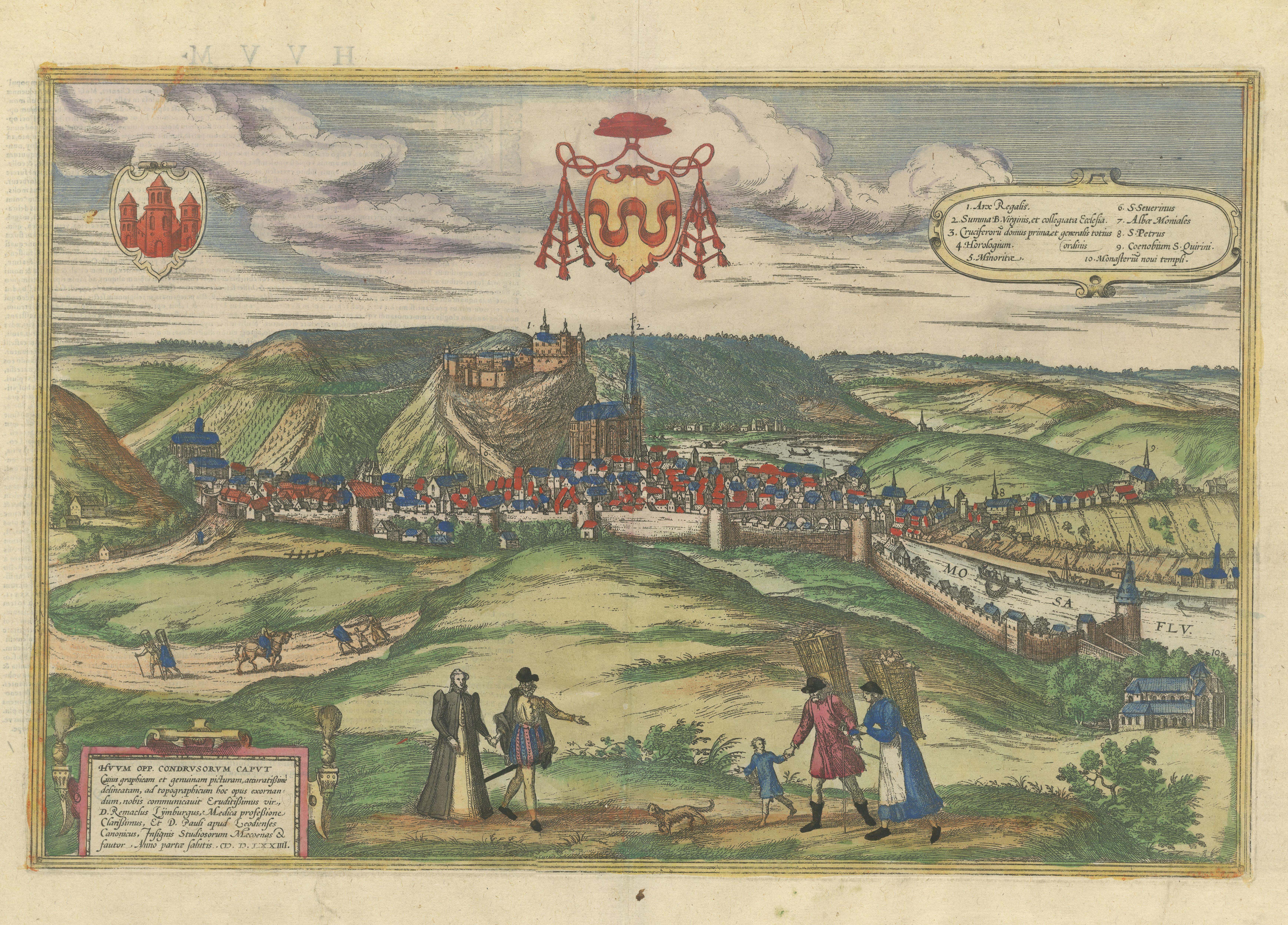 Original Antique Print of Huy in present day Belgium, Published circa 1580 In Good Condition For Sale In Langweer, NL