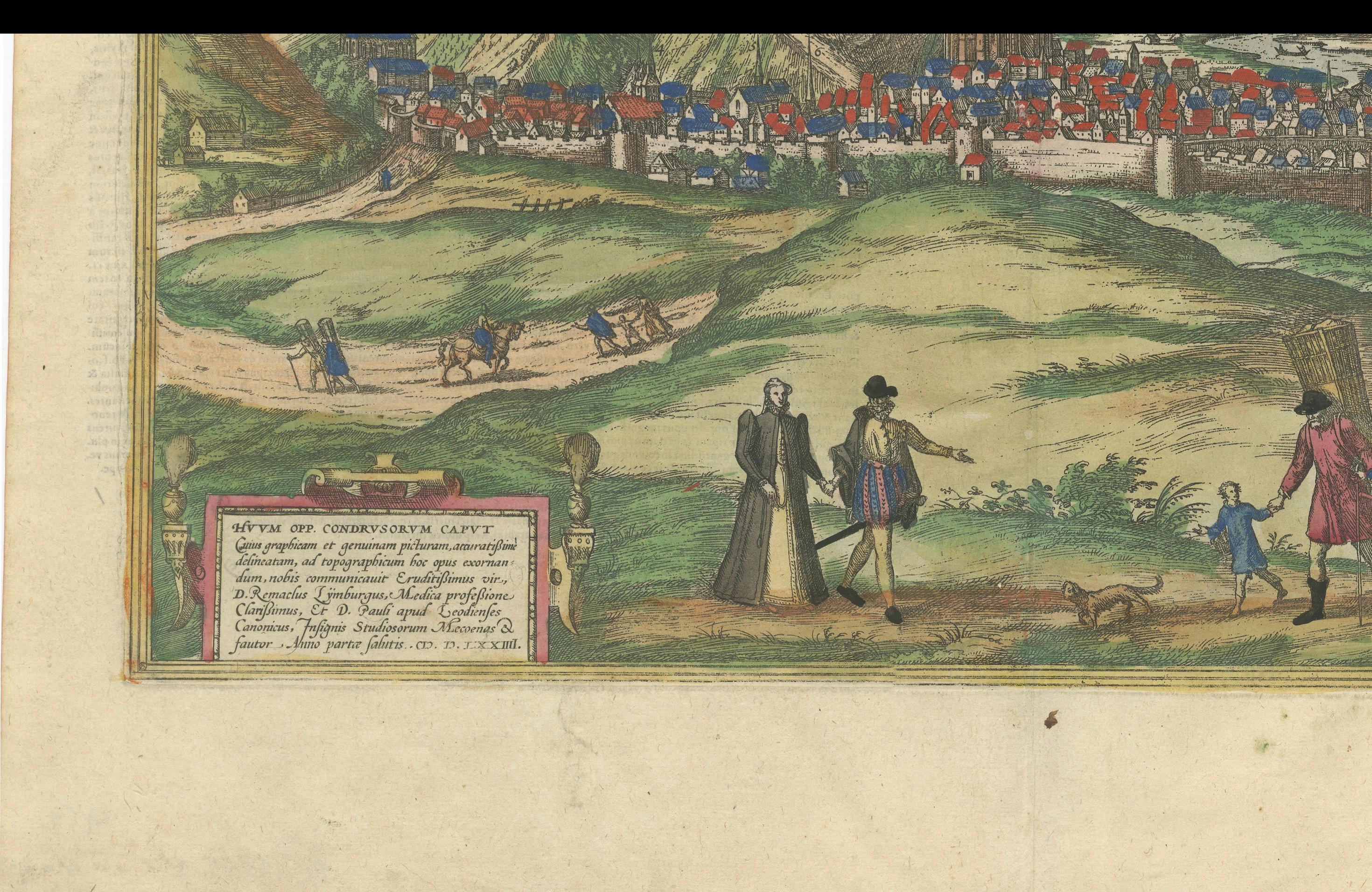 Antiker Originaldruck von Huy im heutigen Belgien, veröffentlicht um 1580 (Papier) im Angebot