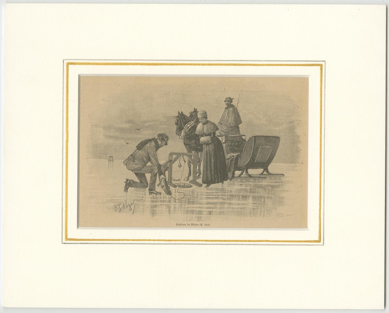 Antique print titled 'Hechtfang im Winter'. Original antique print of ice fishing. Published circa 1900.

Artists and Engravers: Anonymous.

Condition: Good, general age-related toning. Passepartout/matting included. Please study image carefully.