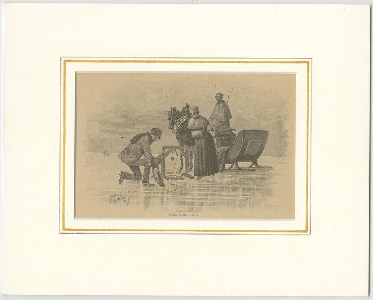 Original Antique Print of Ice Fishing, Published, circa 1900