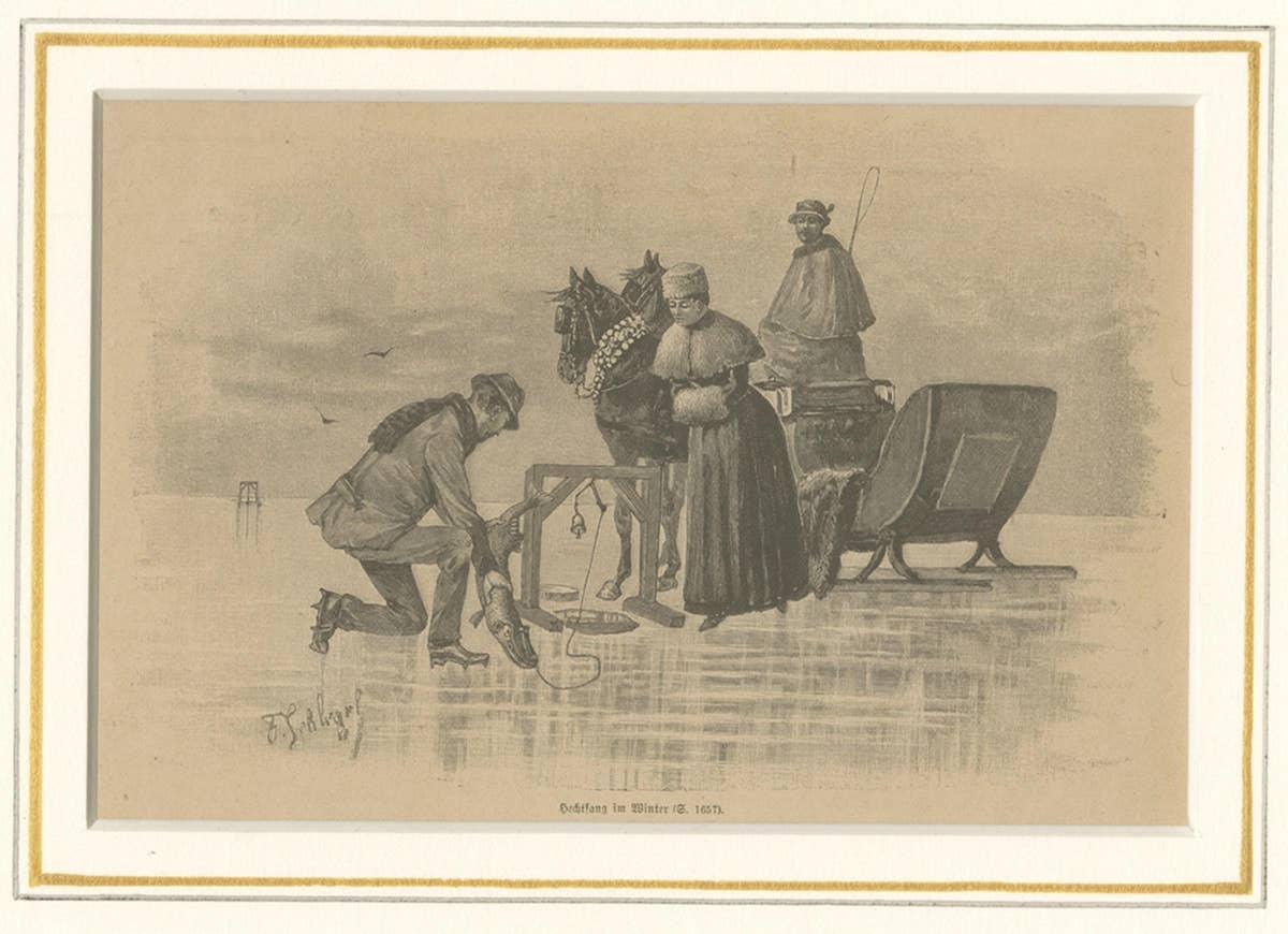 Original Antique Print of Ice Fishing, Published, circa 1900