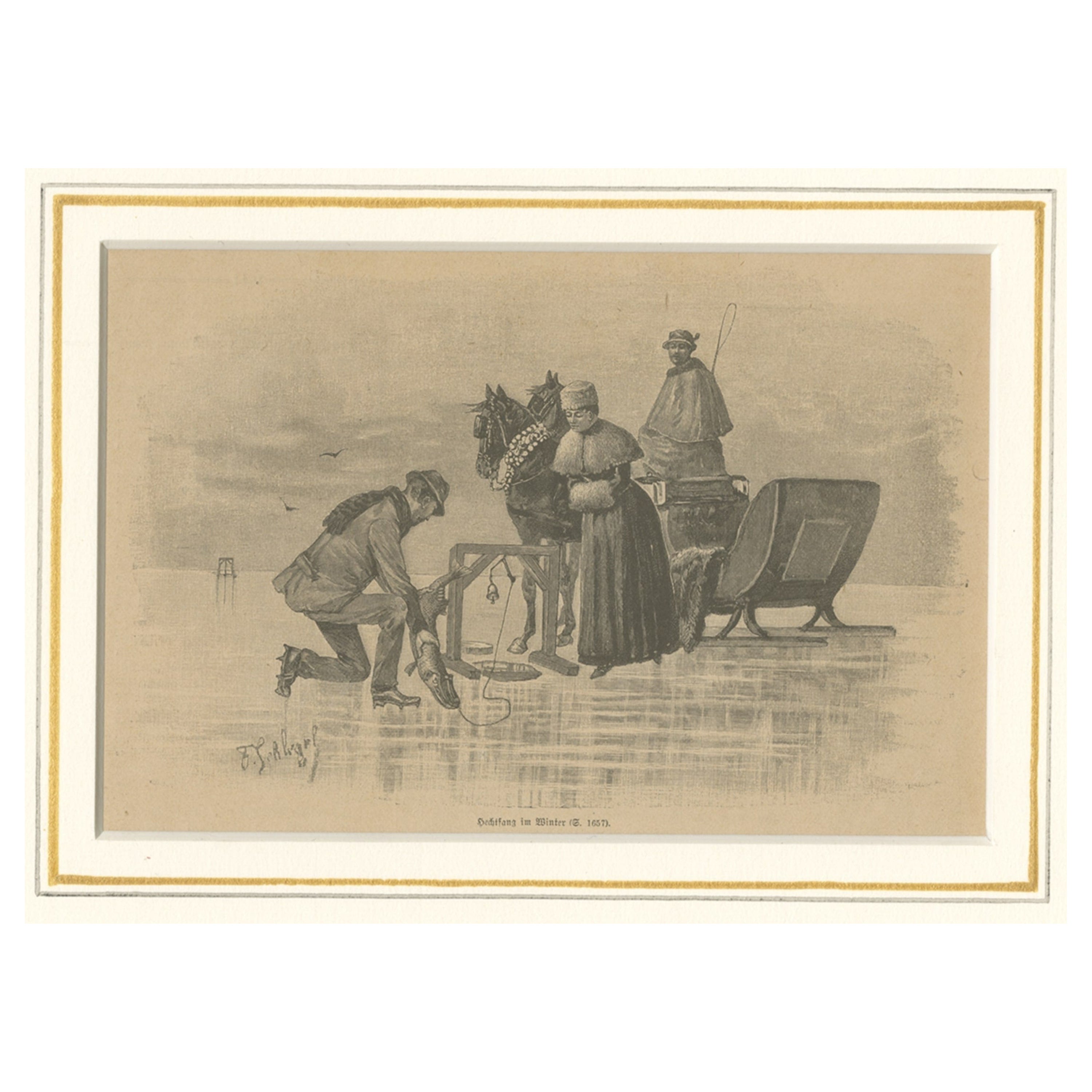 Gravure ancienne originale de la pêche sur glace, publiée, vers 1900