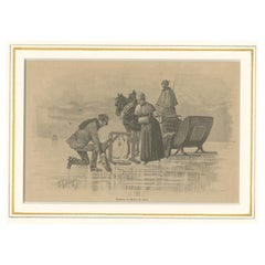 Gravure ancienne originale de la pêche sur glace, publiée, vers 1900