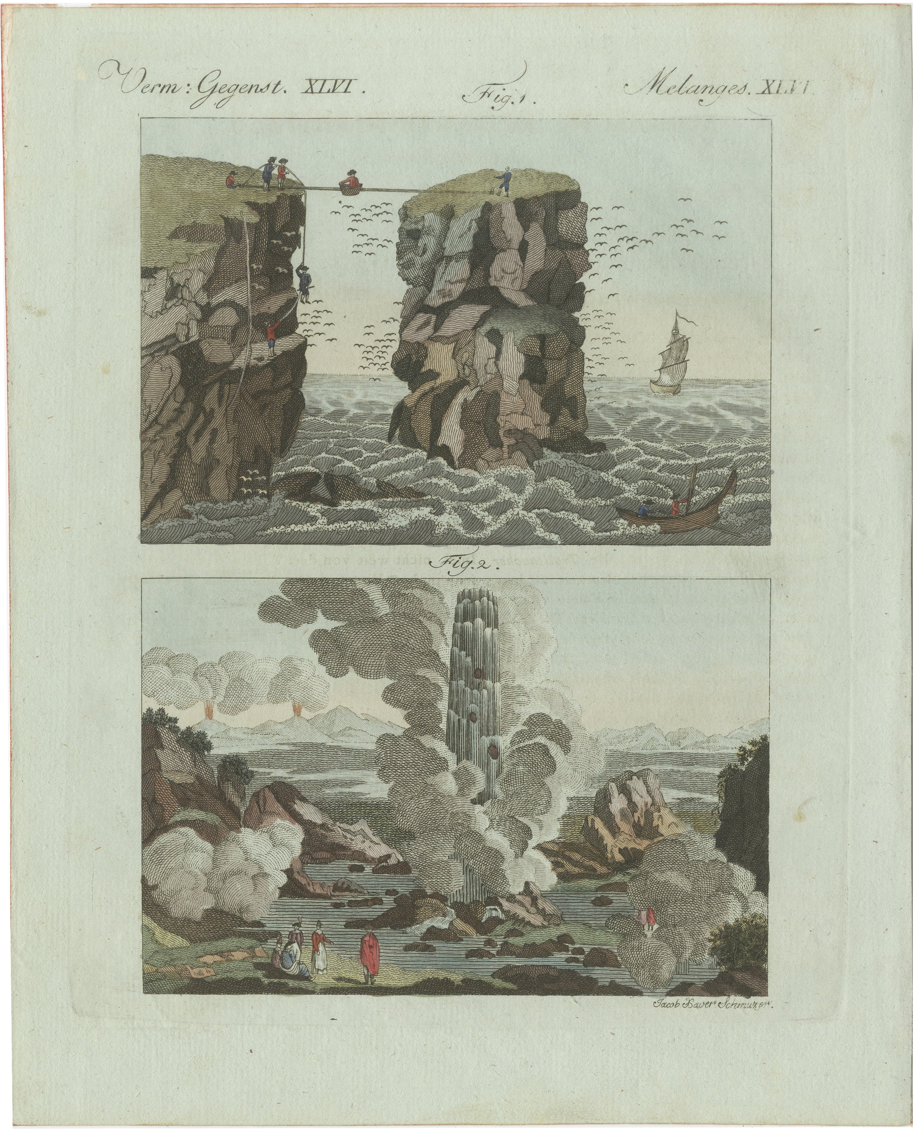 Original Antique Print of Iceland Geyser, Hekla and Orkney Bird Catchers, 1802