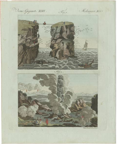 Original Antique Print of Iceland Geyser, Hekla and Orkney Bird Catchers, 1802