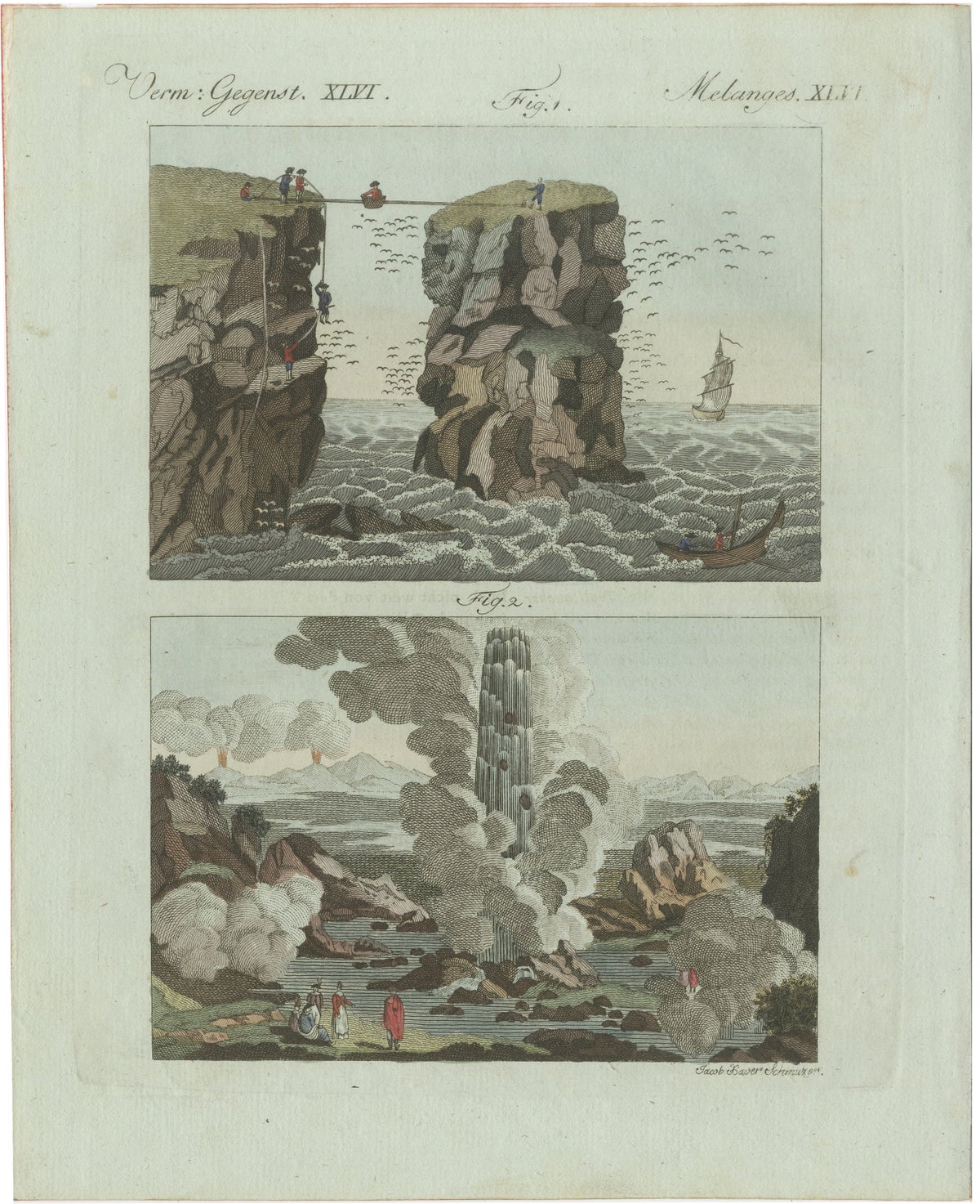 Original Antique Print of Iceland Geyser, Hekla and Orkney Bird Catchers, 1802
