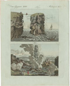 Original Antique Print of Iceland Geyser, Hekla and Orkney Bird Catchers, 1802