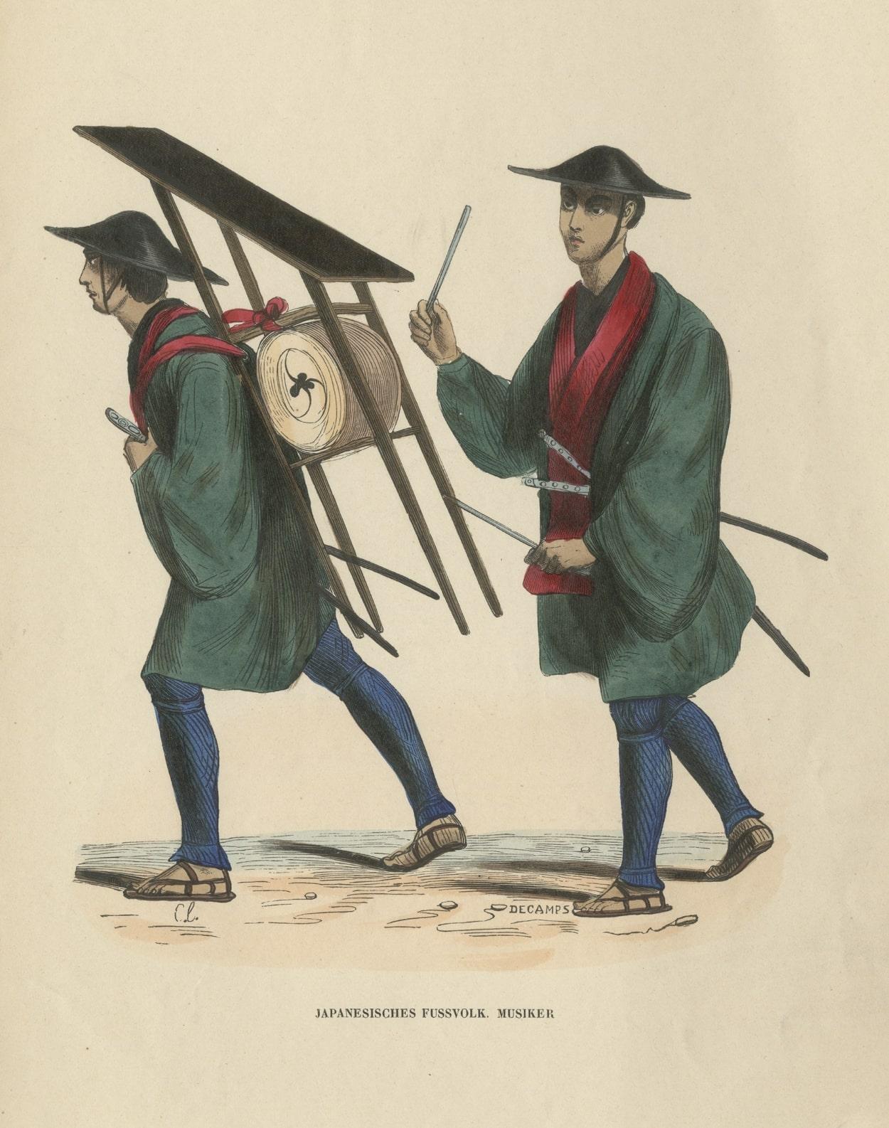 Original Antique Print of Japanese Infantry Musicians, ca.1845 In Good Condition For Sale In Langweer, NL