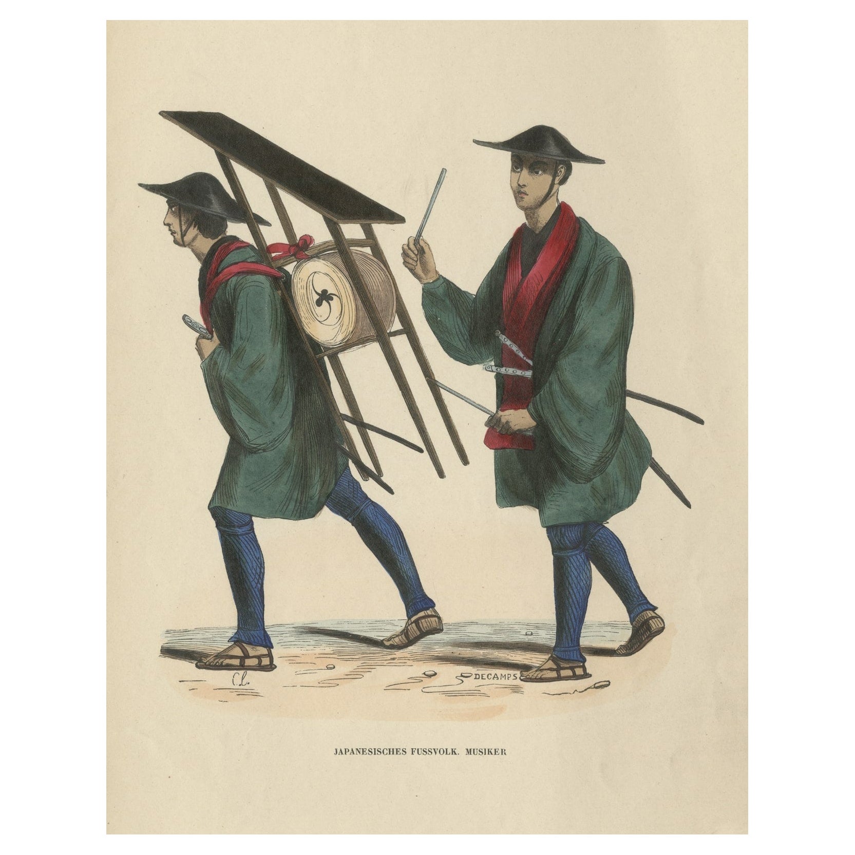 Impression ancienne originale des musiciens de l'infanterie japonaise, vers 1845