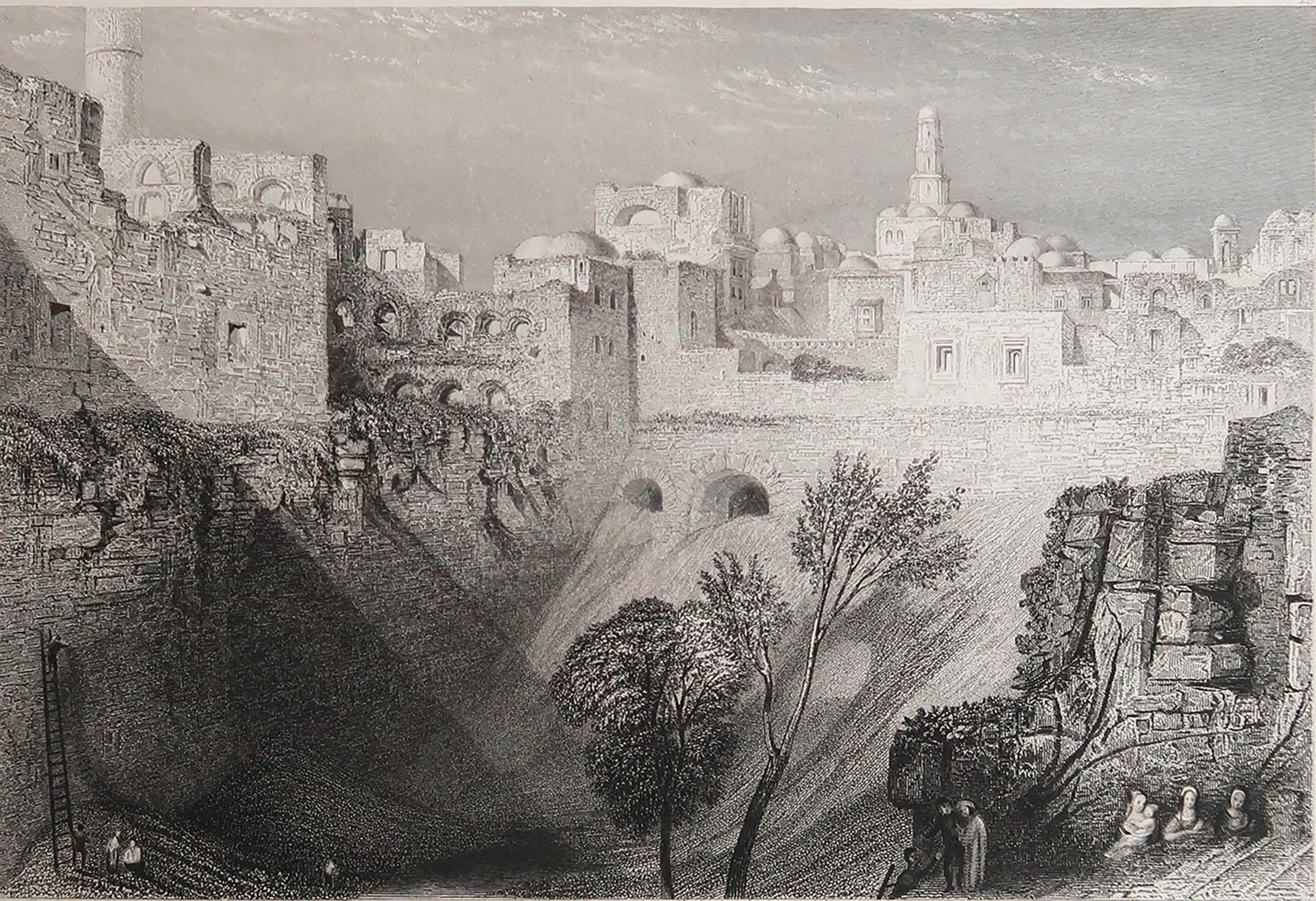 Wonderful image of Jerusalem

Fine steel engraving after J.M.W Turner

Published by John Murray & Son, London. Dated 1836

Unframed.

