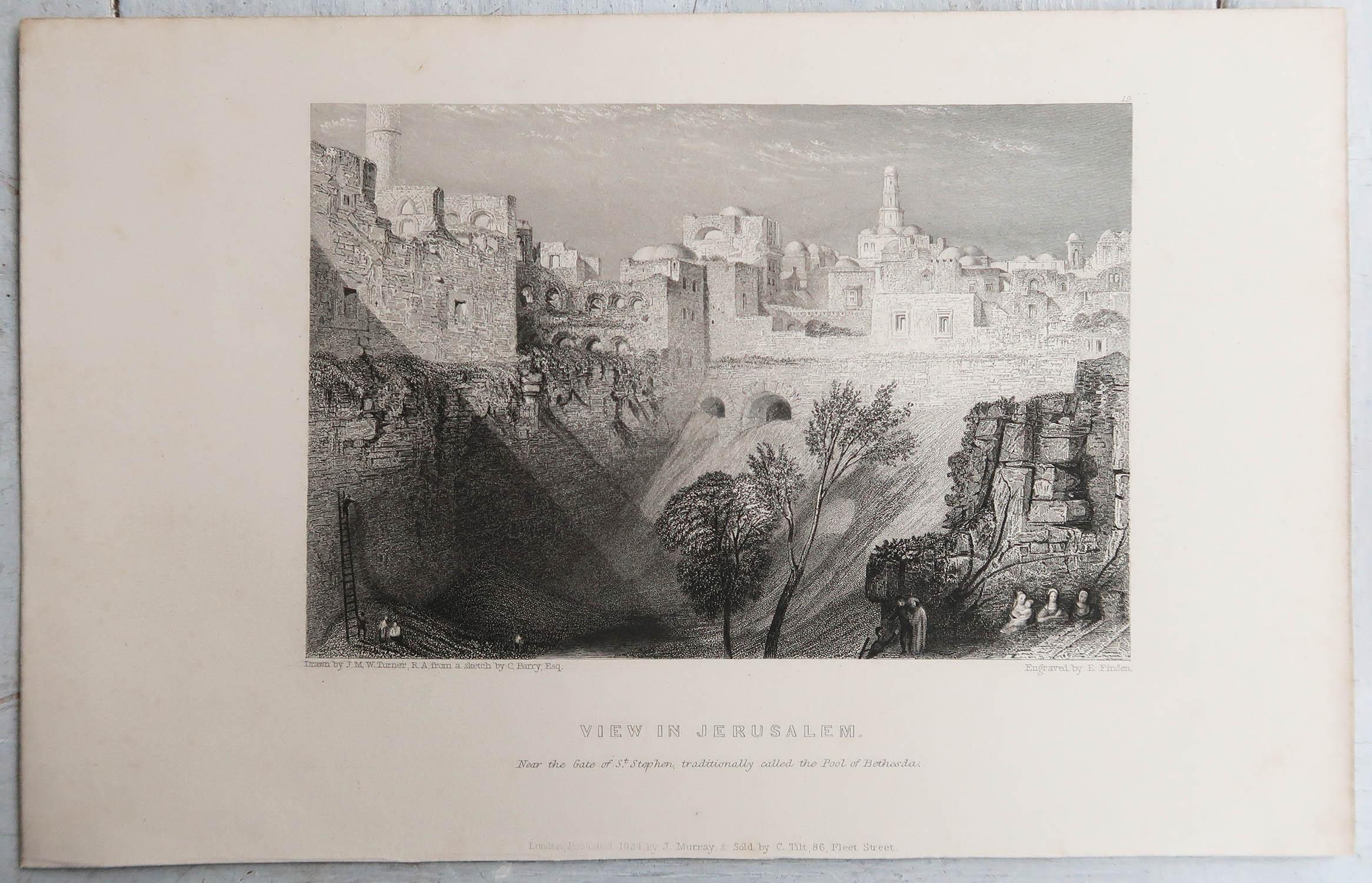 Moorish Original Antique Print of Jerusalem After J.M.W Turner. Dated 1834 For Sale