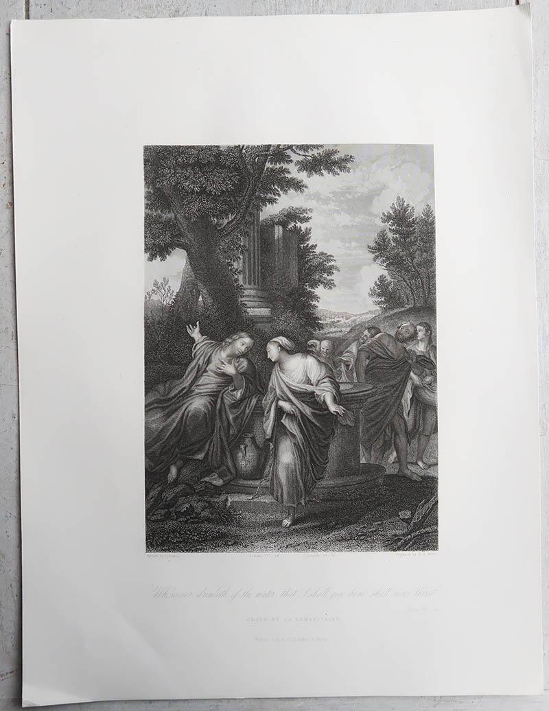 Renaissance Original Antique Print of Jesus And The Samaritan After Annibale Carracci.C.1850 For Sale