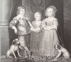 Stampa d’epoca originale raffigurante King Charles Spaniel e bambini, ispirata a Van Dyck
