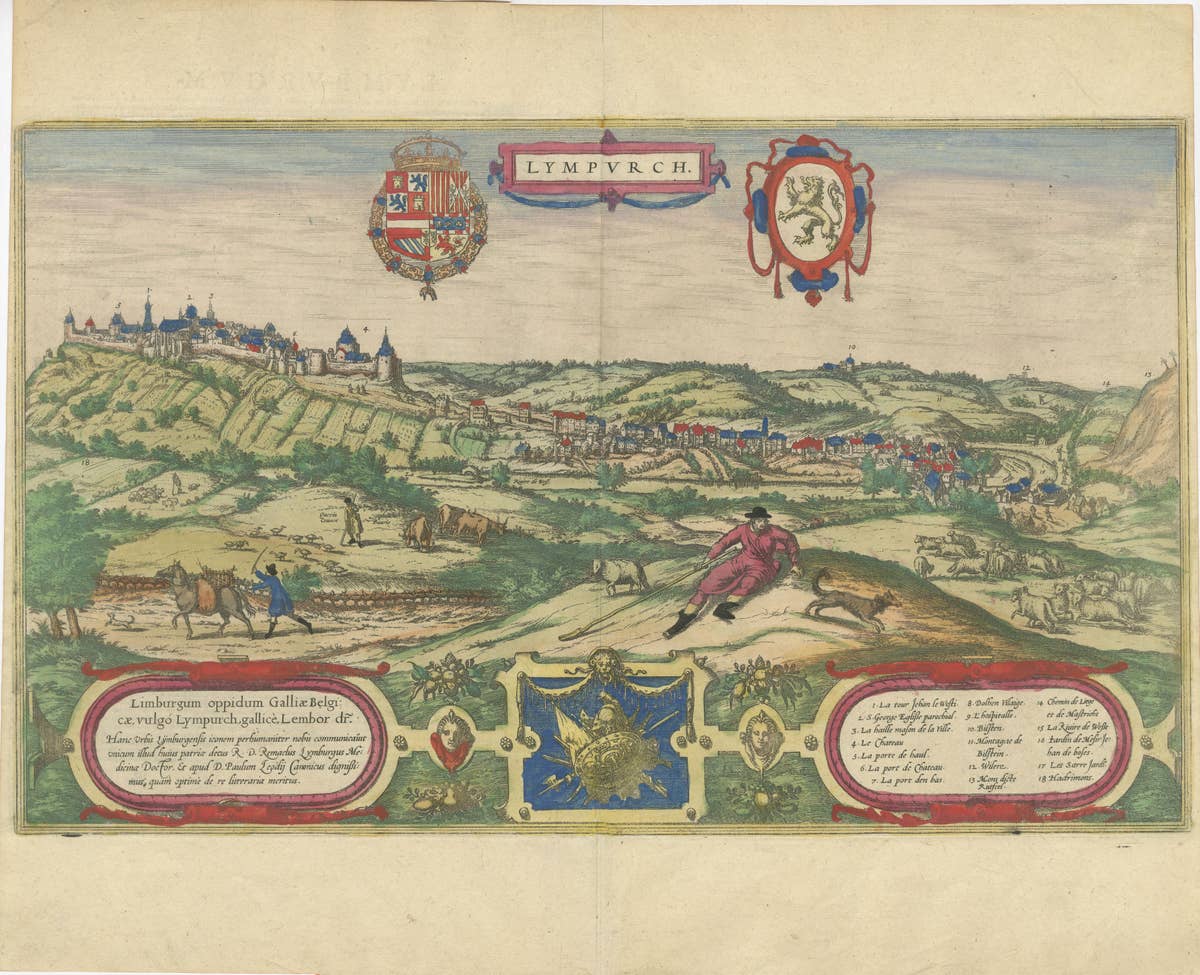 Original Antique Print of Limbourg in present day Belgium, Published circa 1580