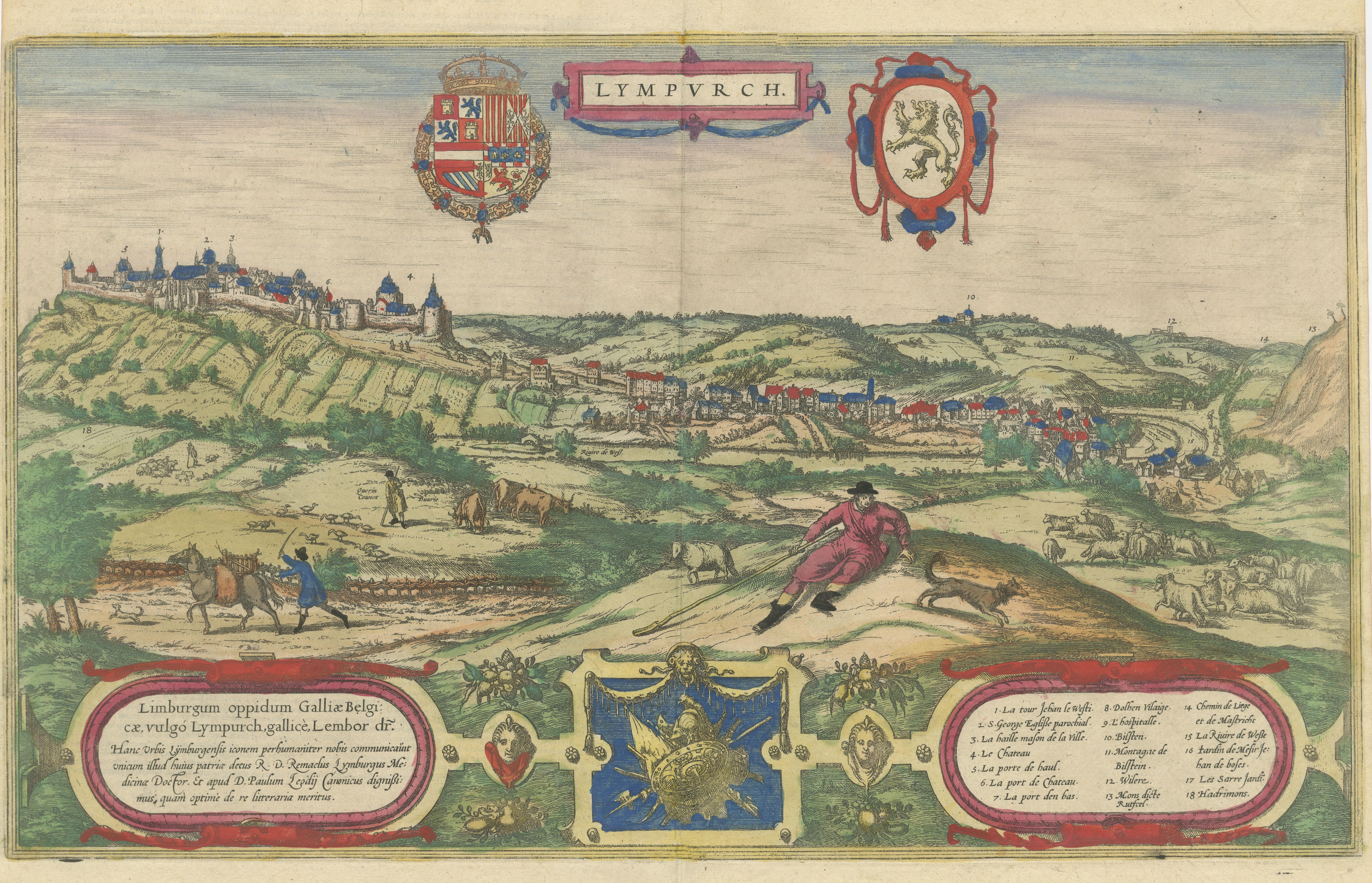 Engraved Original Antique Print of Limbourg in present day Belgium, Published circa 1580 For Sale