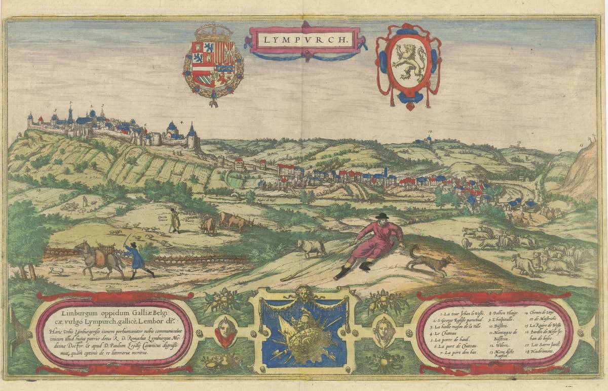 Original Antique Print of Limbourg in present day Belgium, Published circa 1580