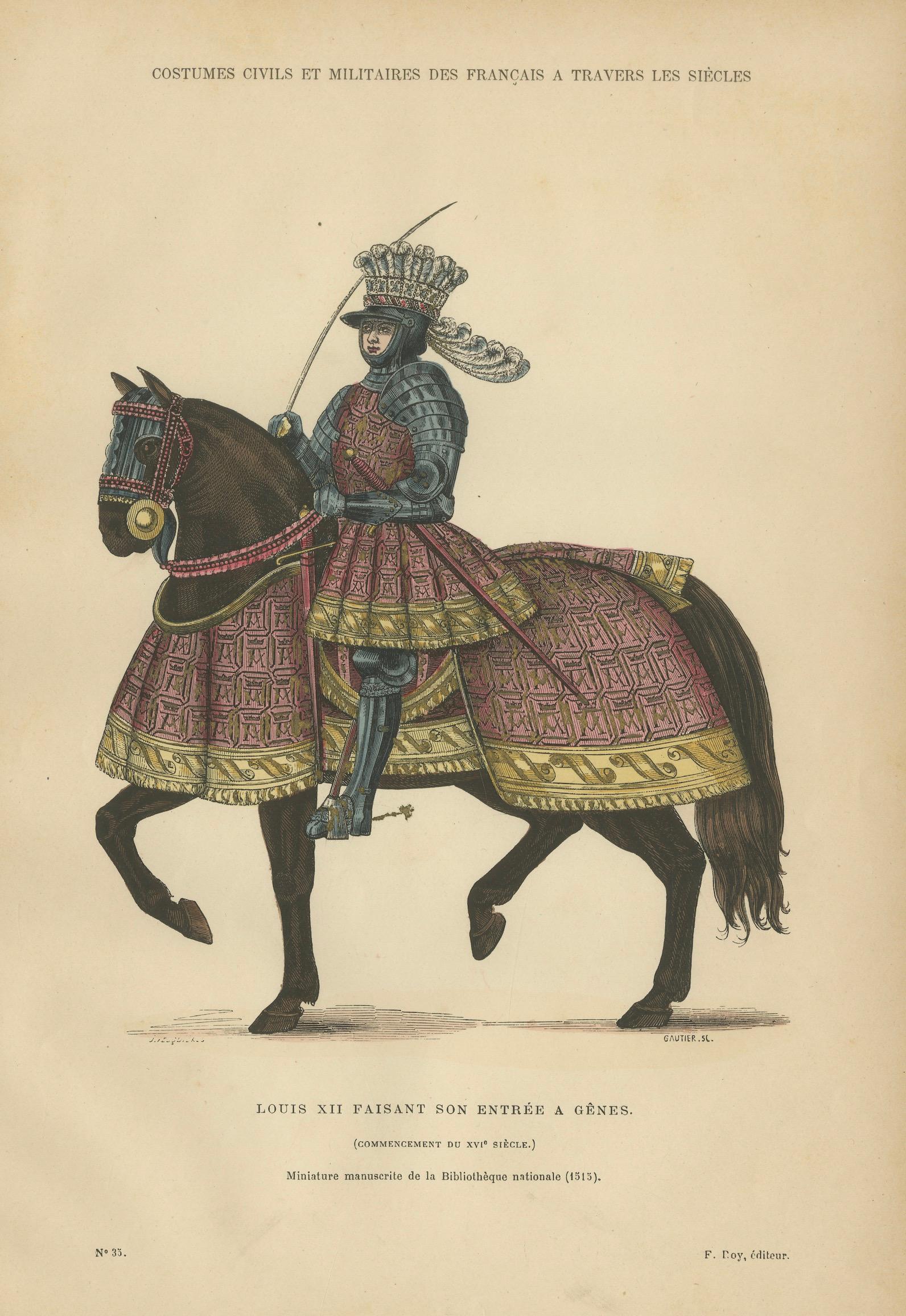 Original Antique Print of Louis XII Entering Genoa on Horseback by F. Roy, 1860