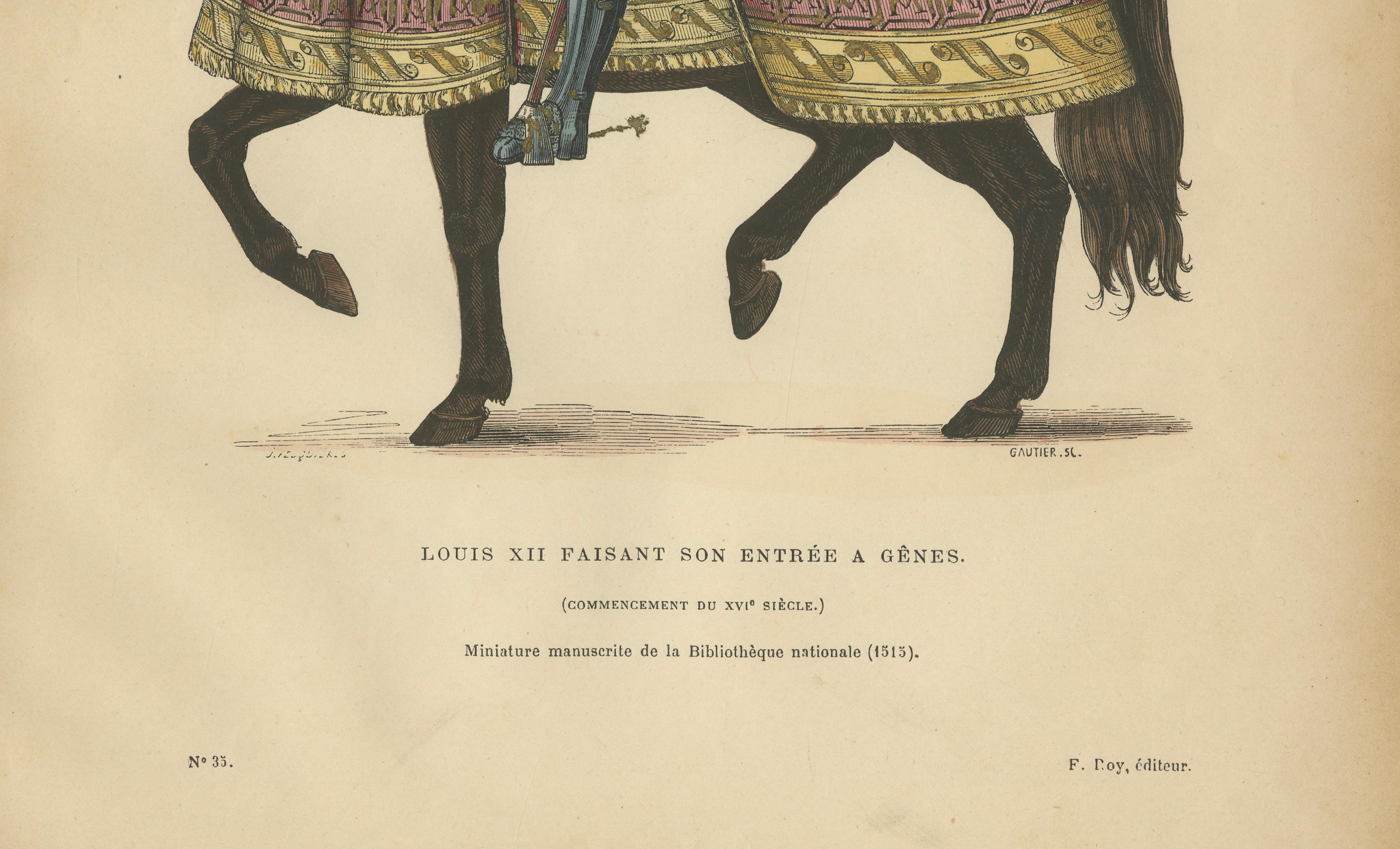 Original Antique Print of Louis XII Entering Genoa on Horseback by F. Roy, 1860
