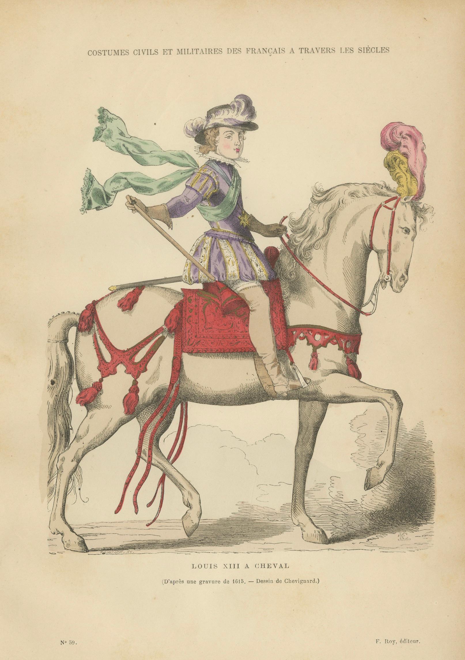 Original Antique Print of Louis XIII on Horseback by F. Roy, circa 1860