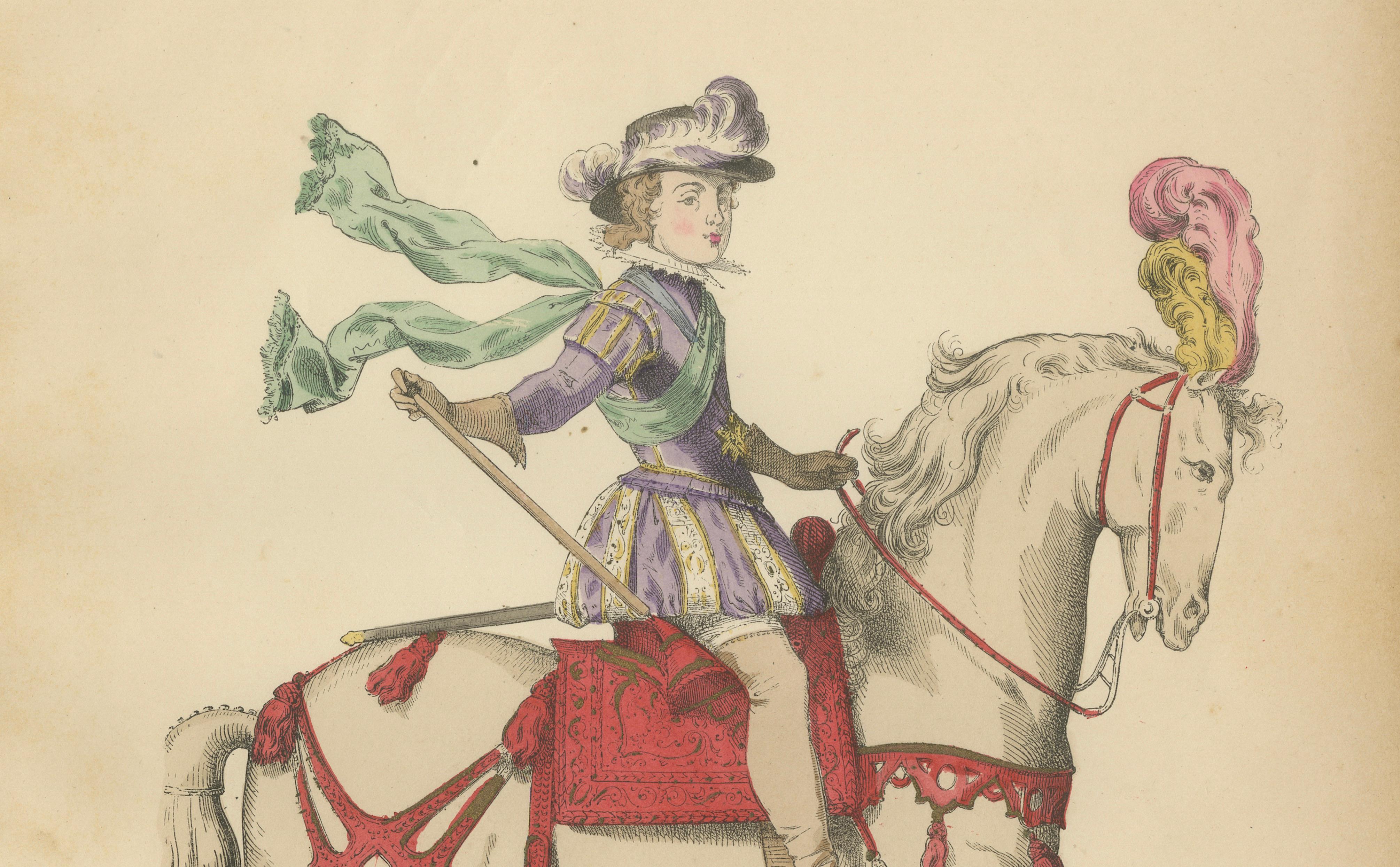 Original Antique Print of Louis XIII on Horseback by F. Roy, circa 1860