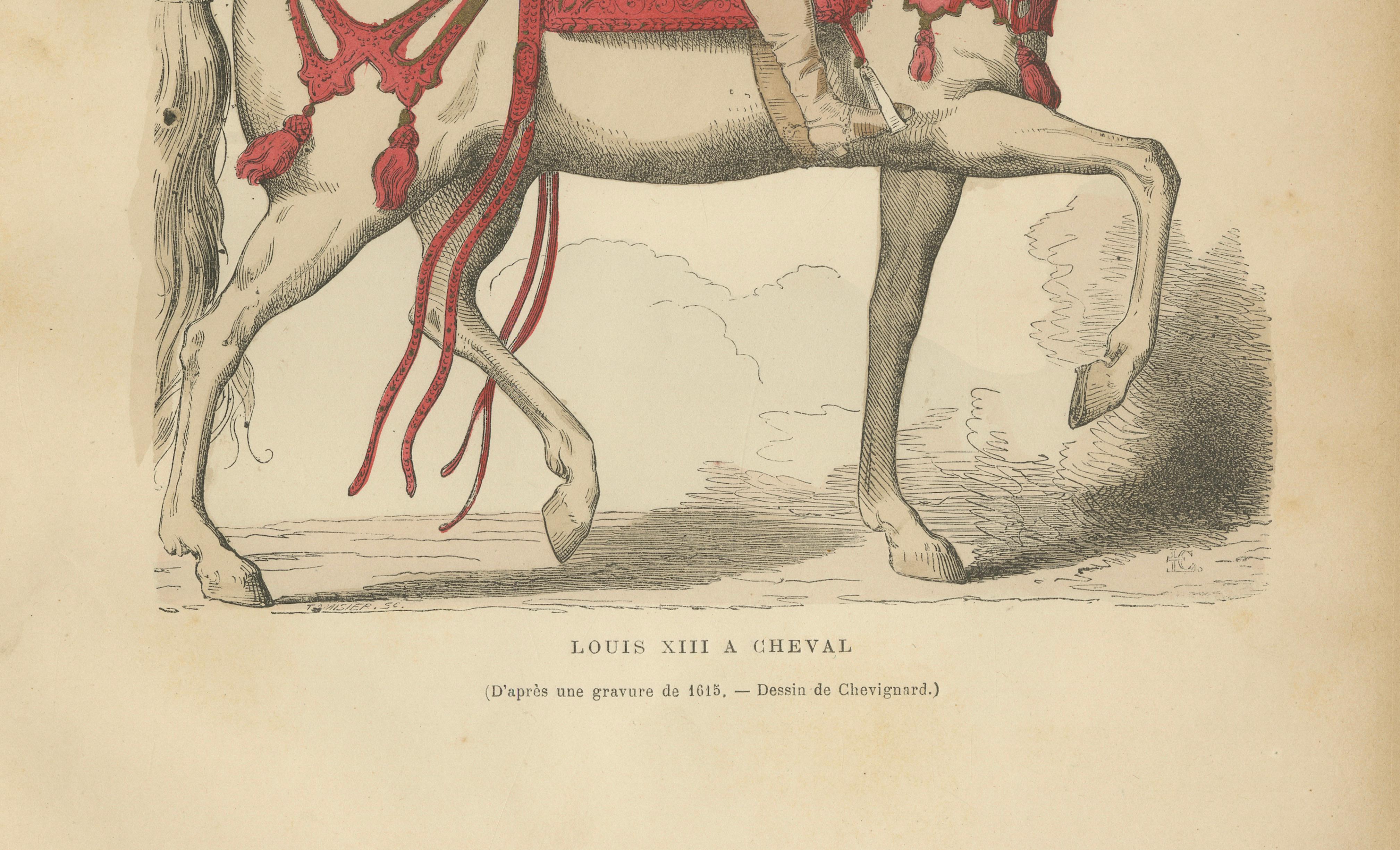 Original Antique Print of Louis XIII on Horseback by F. Roy, circa 1860