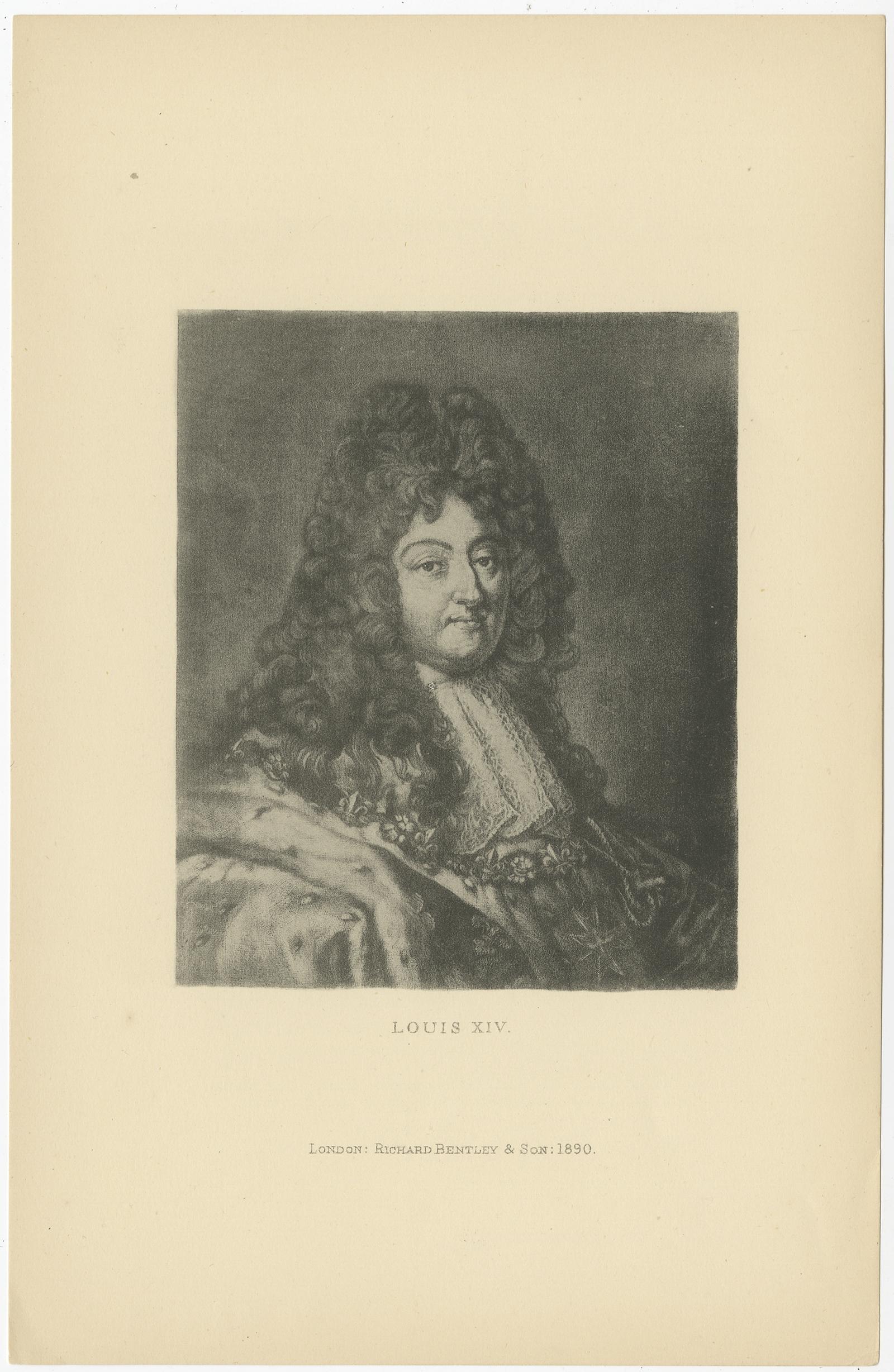Antique portrait titled 'Louis XIV'. 

Portrait of Louis XIV, known as Louis the Great (Louis le Grand) or the Sun King (Roi Soleil), he was a monarch of the House of Bourbon who reigned as King of France from 14 May 1643 until his death in