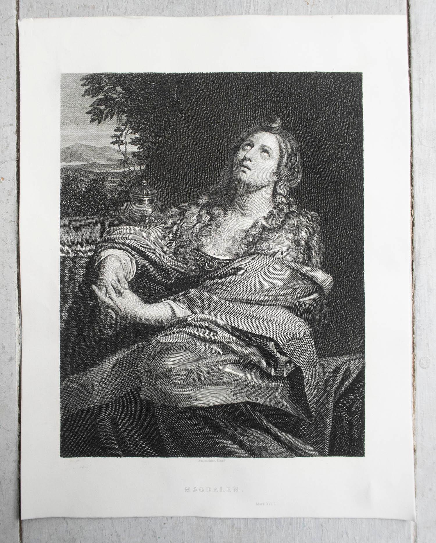 Renaissance Original Antique Print of Mary Magdalen After Domenichino. Circa 1850 For Sale