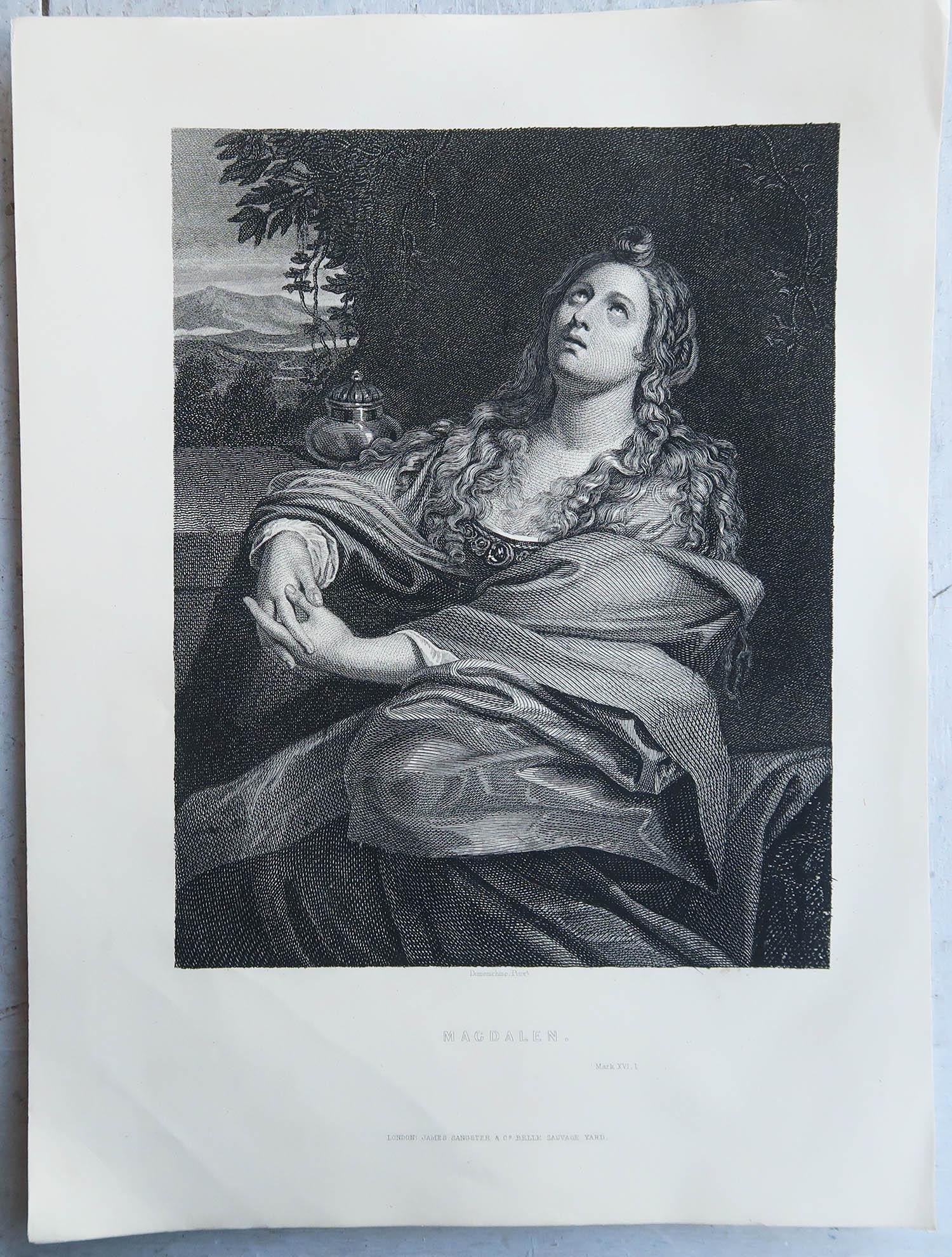English Original Antique Print of Mary Magdalen After Domenichino. Circa 1850 For Sale