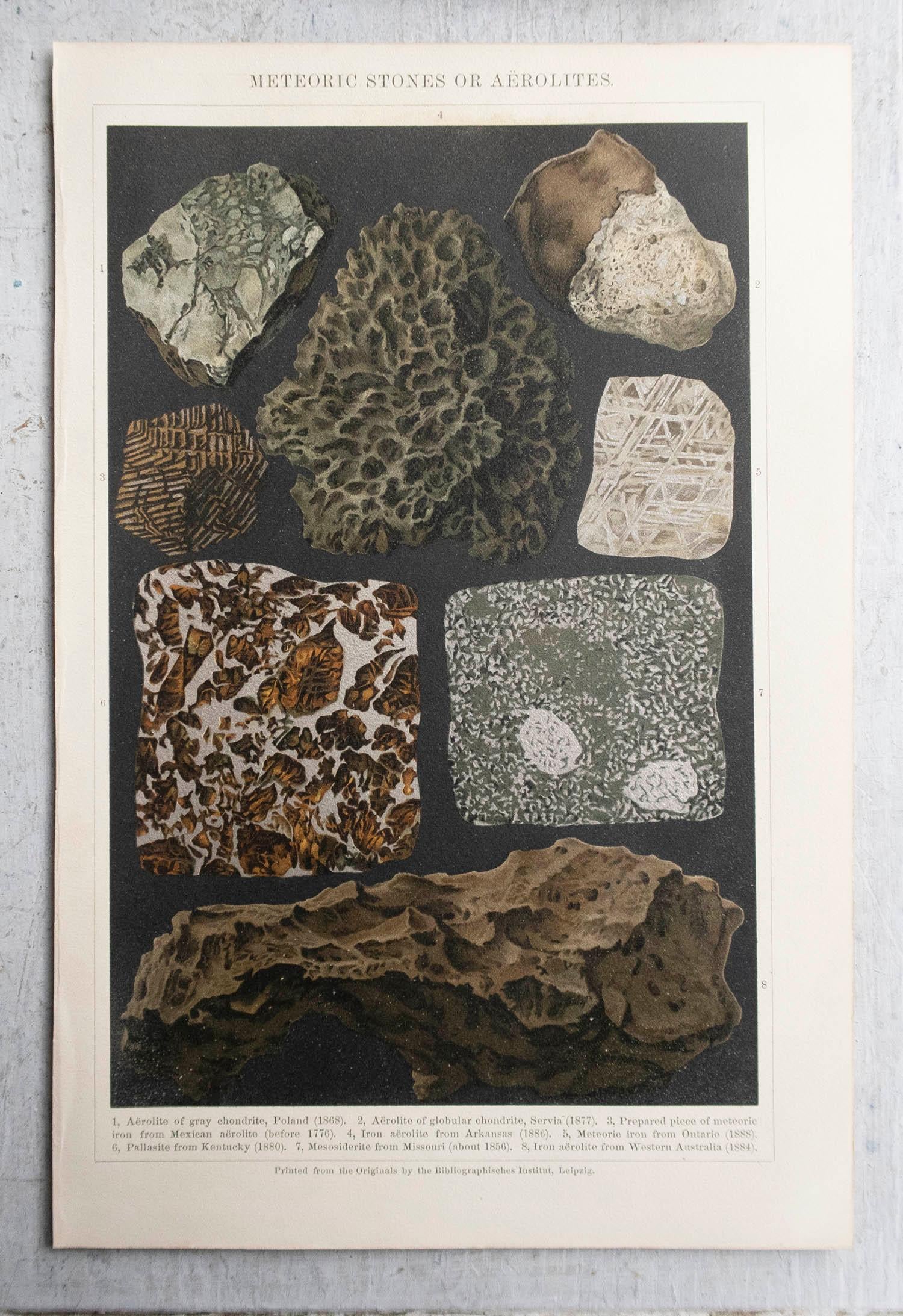 Grabado original antiguo de Meteoritos. C.1900 Inglés