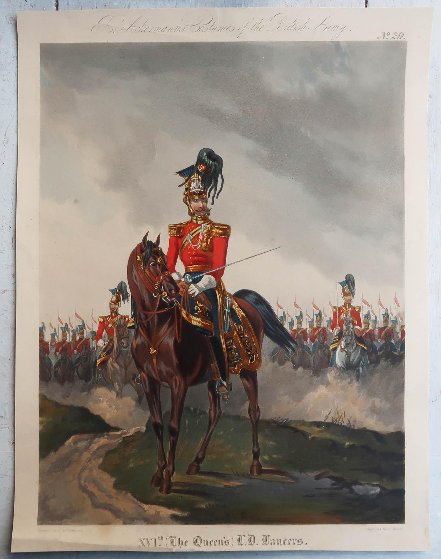 English Original Antique Print of Military Costume- Queens Lancers, circa 1840 For Sale