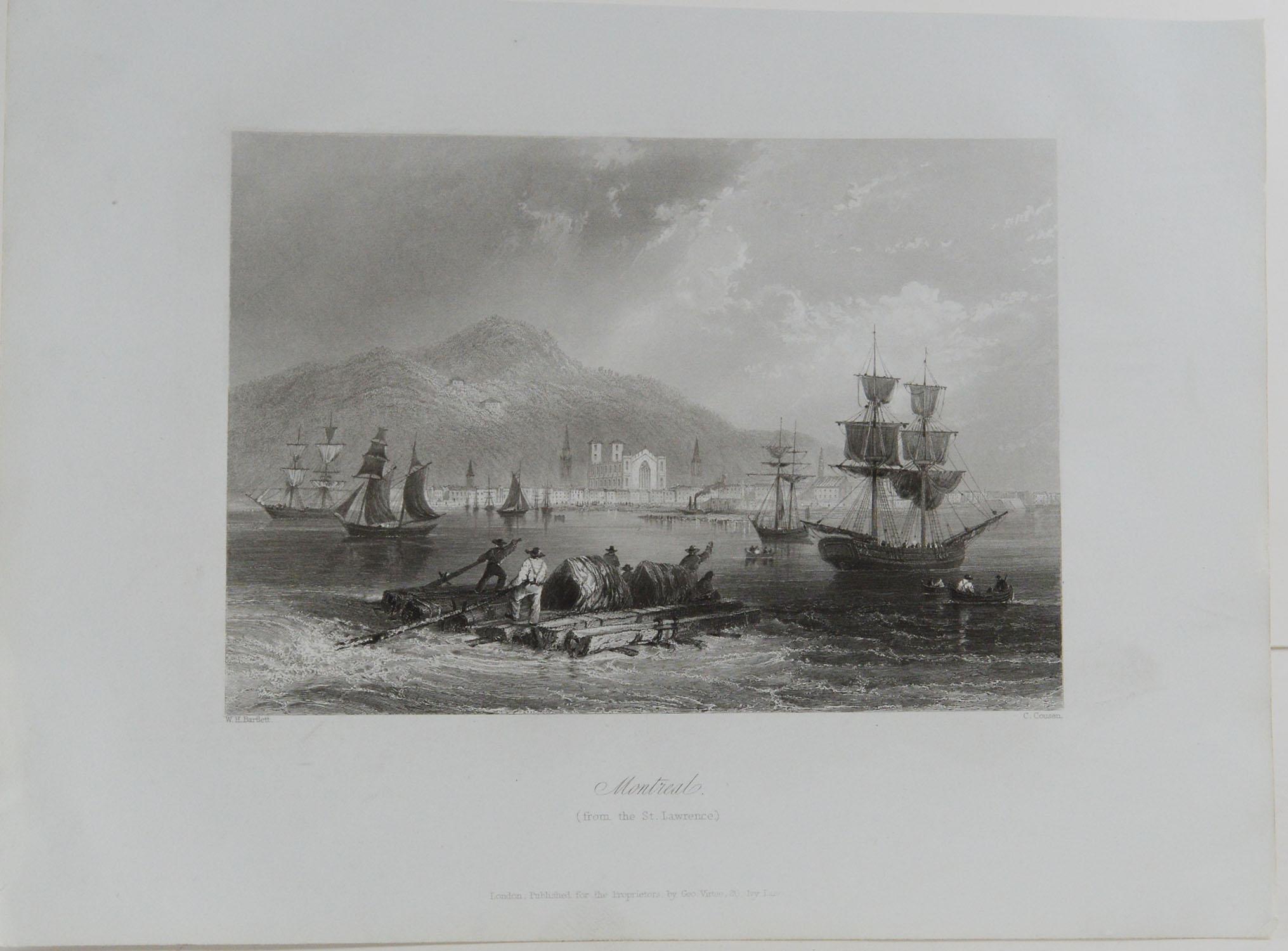 Great print of Montreal

Steel engraving after the original drawing by W.H Bartlett

Published circa 1850

Unframed.
 