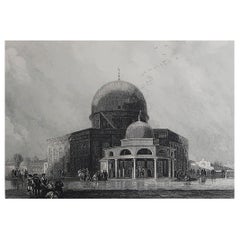 Grabado original antiguo de la Mezquita de Omar, Jerusalén, según David Roberts, c.1850