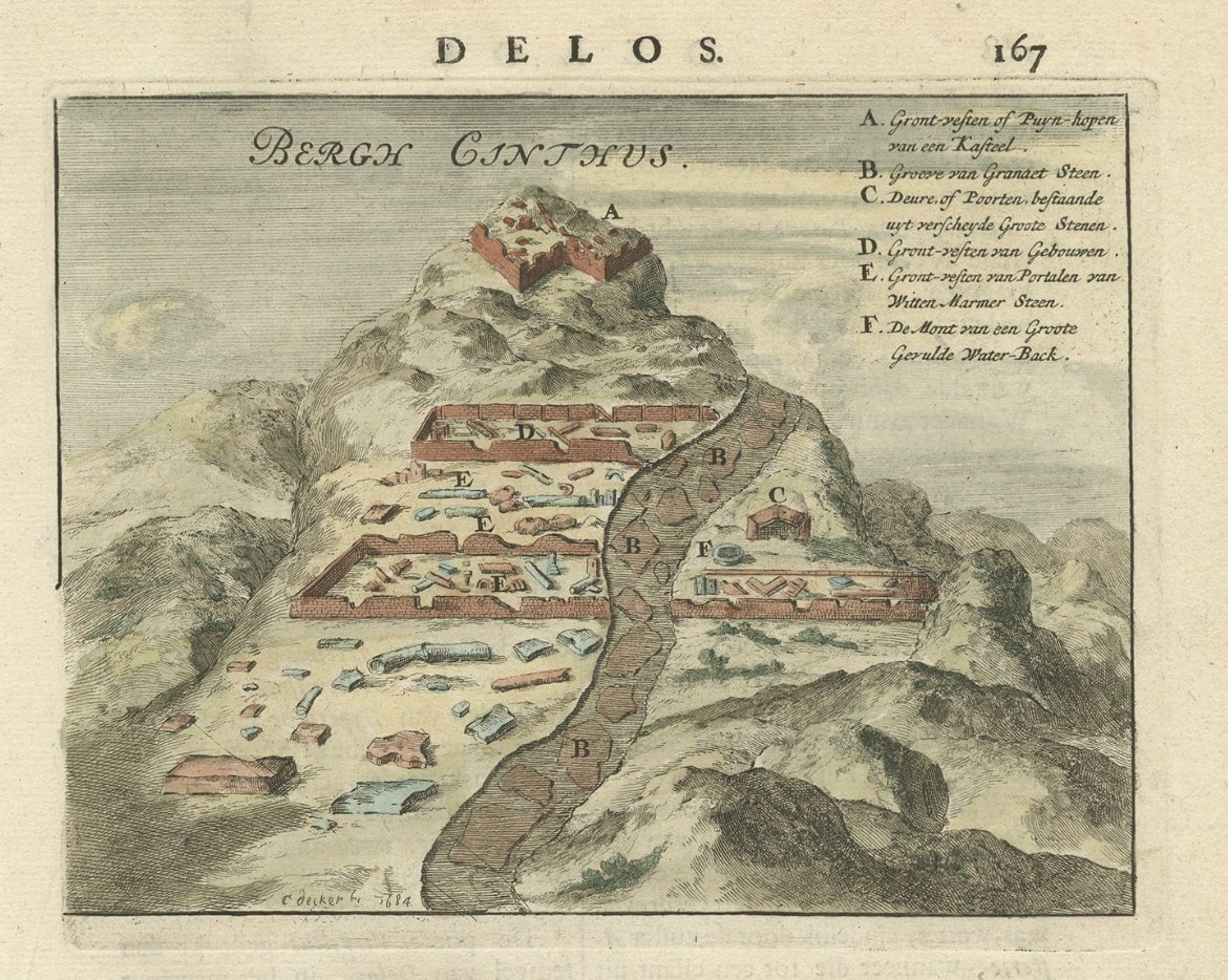 Original Antique Print of Mount Cinthus on the isle of Delos, Greece, 1688 For Sale