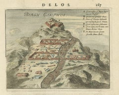 Impression ancienne originale du mont Cinthus sur l'île de Delos, Grèce, 1688